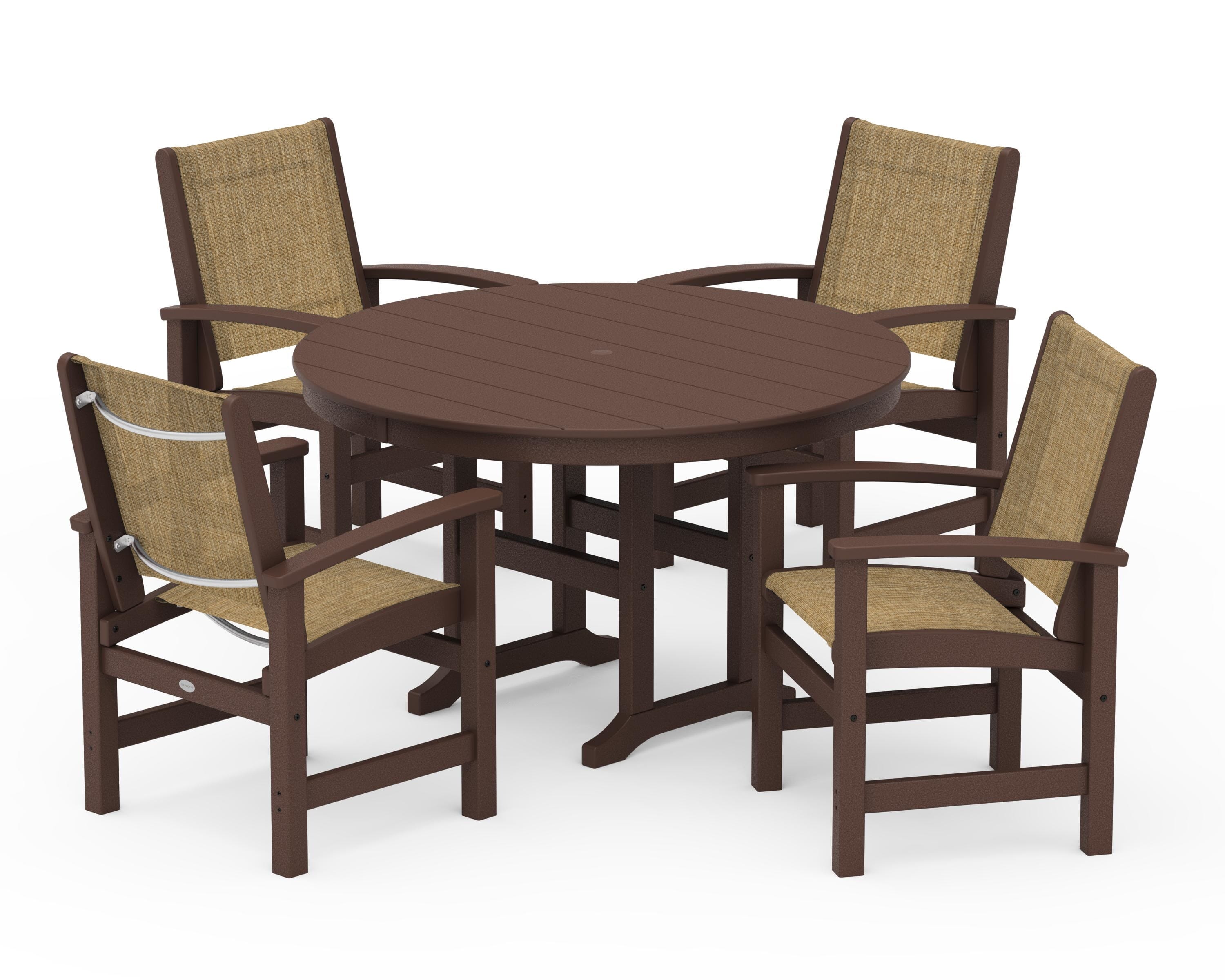 POLYWOOD® Coastal 5-Piece Round Farmhouse Dining Set in Mahogany / Burlap Sling
