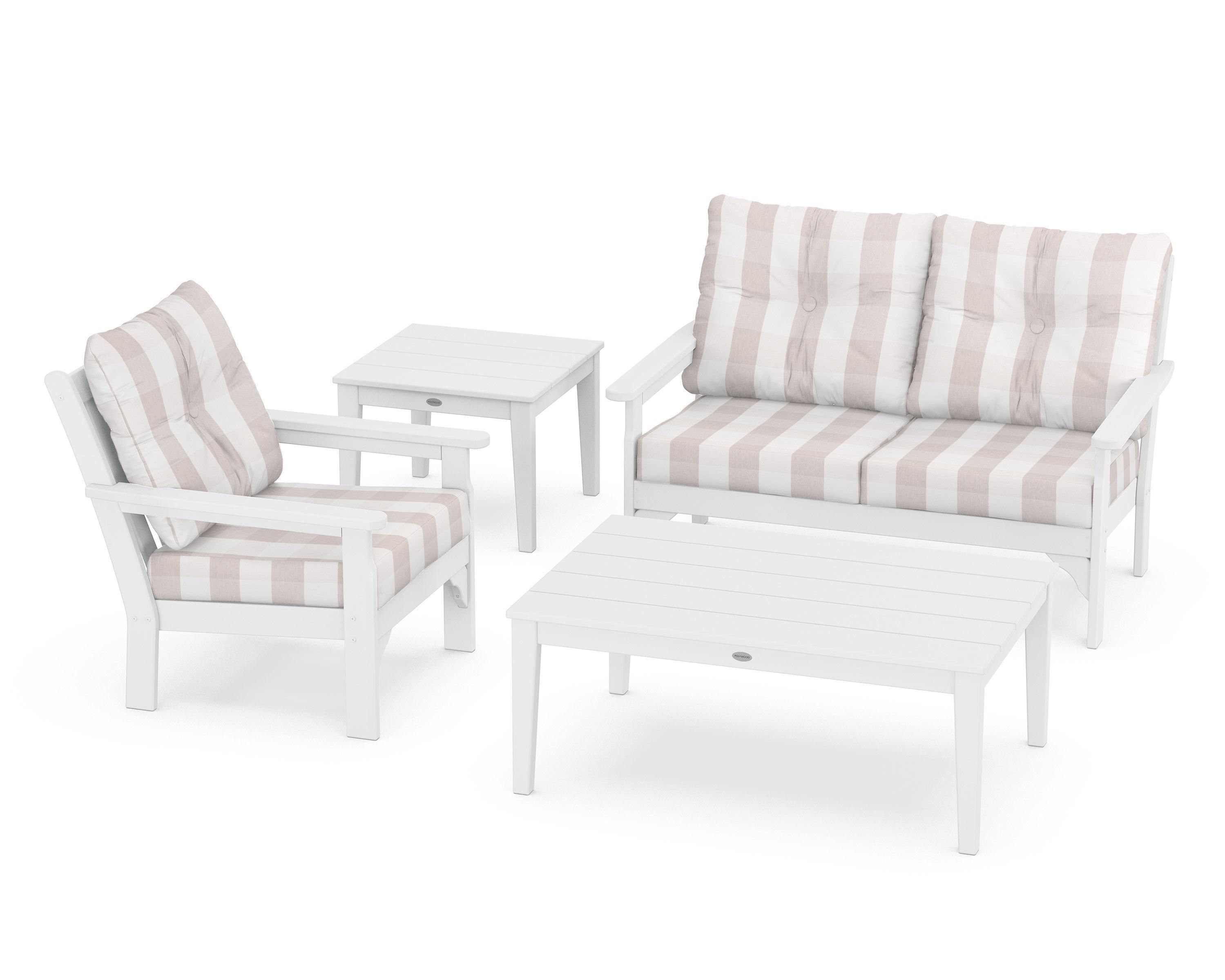 POLYWOOD® Vineyard 4-Piece Deep Seating Set in White / Buffalo Plaid Dune Burlap