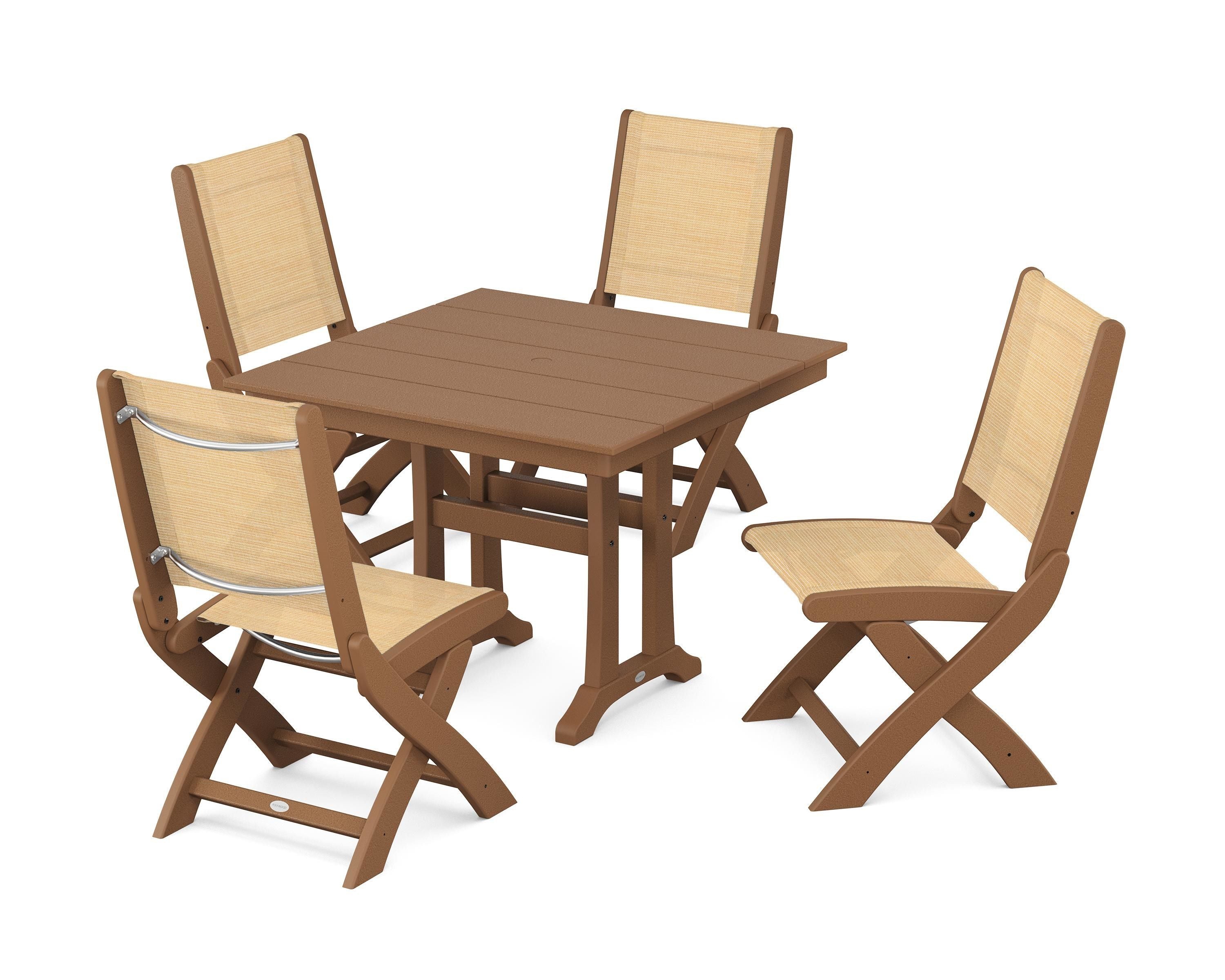 POLYWOOD® Coastal Folding Side Chair 5-Piece Farmhouse Dining Set With Trestle Legs in Teak / Dupioni Apricot Sling