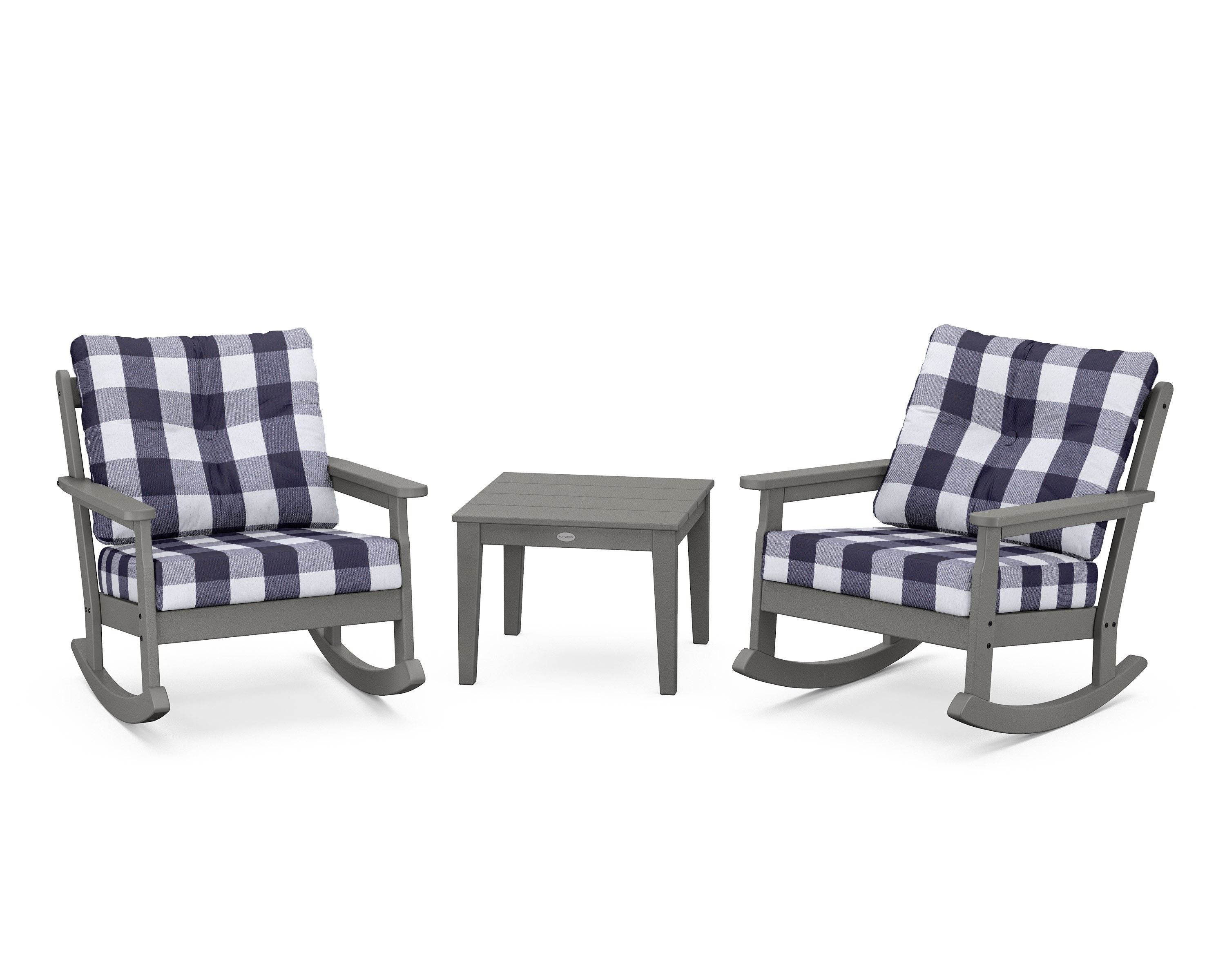 POLYWOOD® Vineyard 3-Piece Deep Seating Rocker Set in Slate Grey / Buffalo Plaid Navy