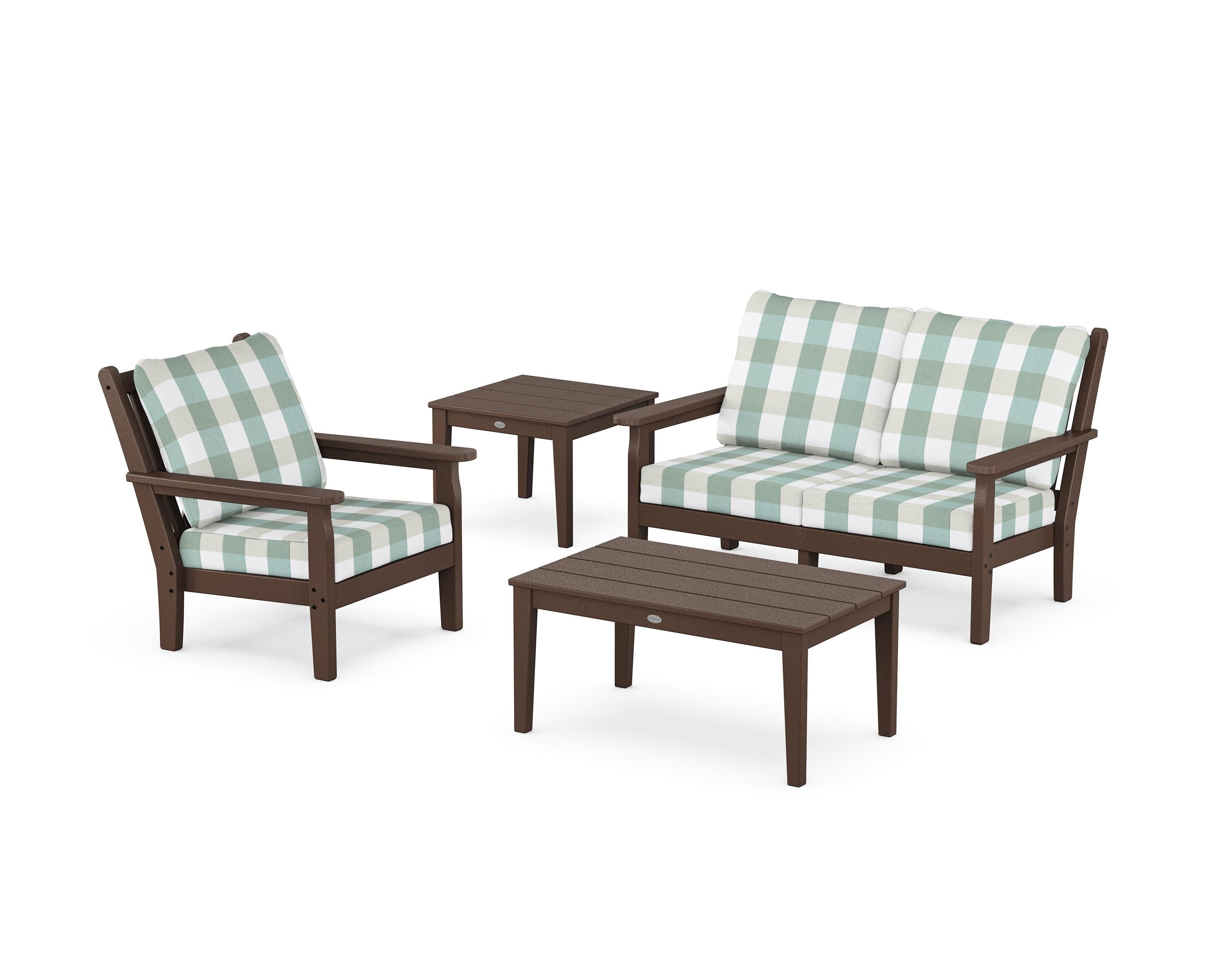 POLYWOOD® Chippendale 4-Piece Deep Seating Set in Mahogany / Buffalo Plaid Glacier Spa
