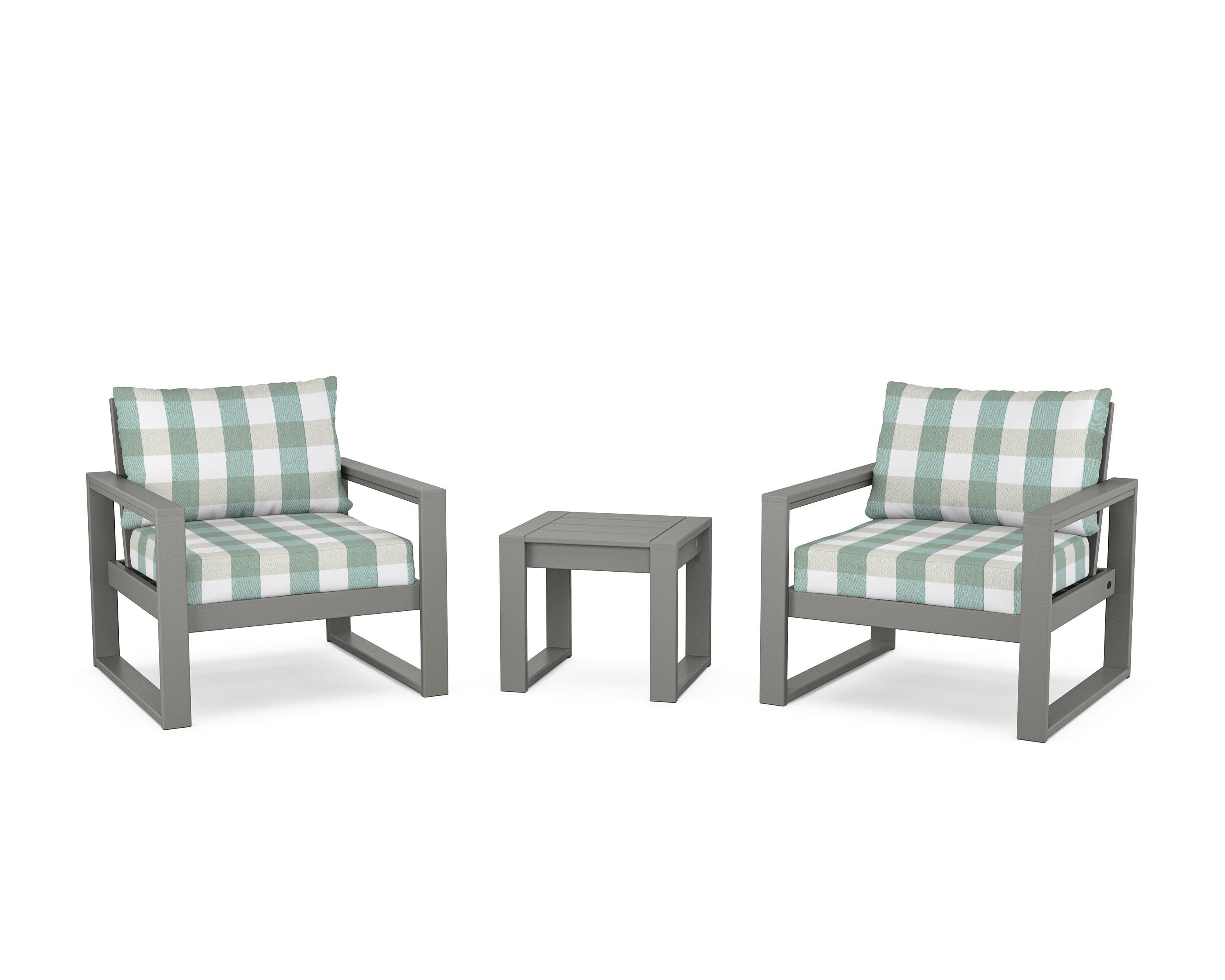 POLYWOOD® EDGE Sectional 3-Piece Deep Seating Set in Slate Grey / Buffalo Plaid Glacier Spa