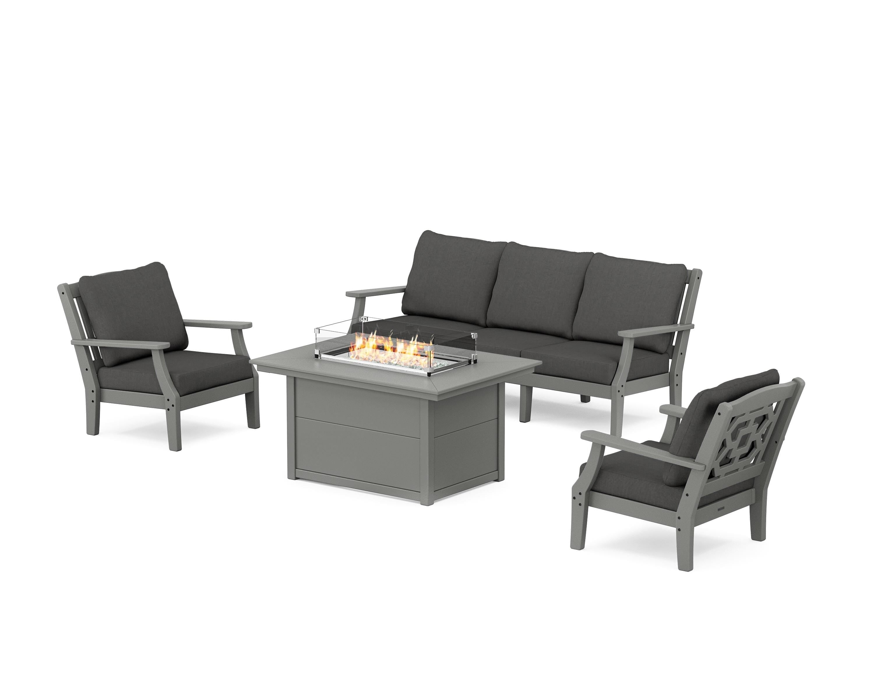 Martha Stewart by POLYWOOD® Chinoiserie Deep Seating Fire Pit Table Set in Slate Grey / Spectrum Carbon