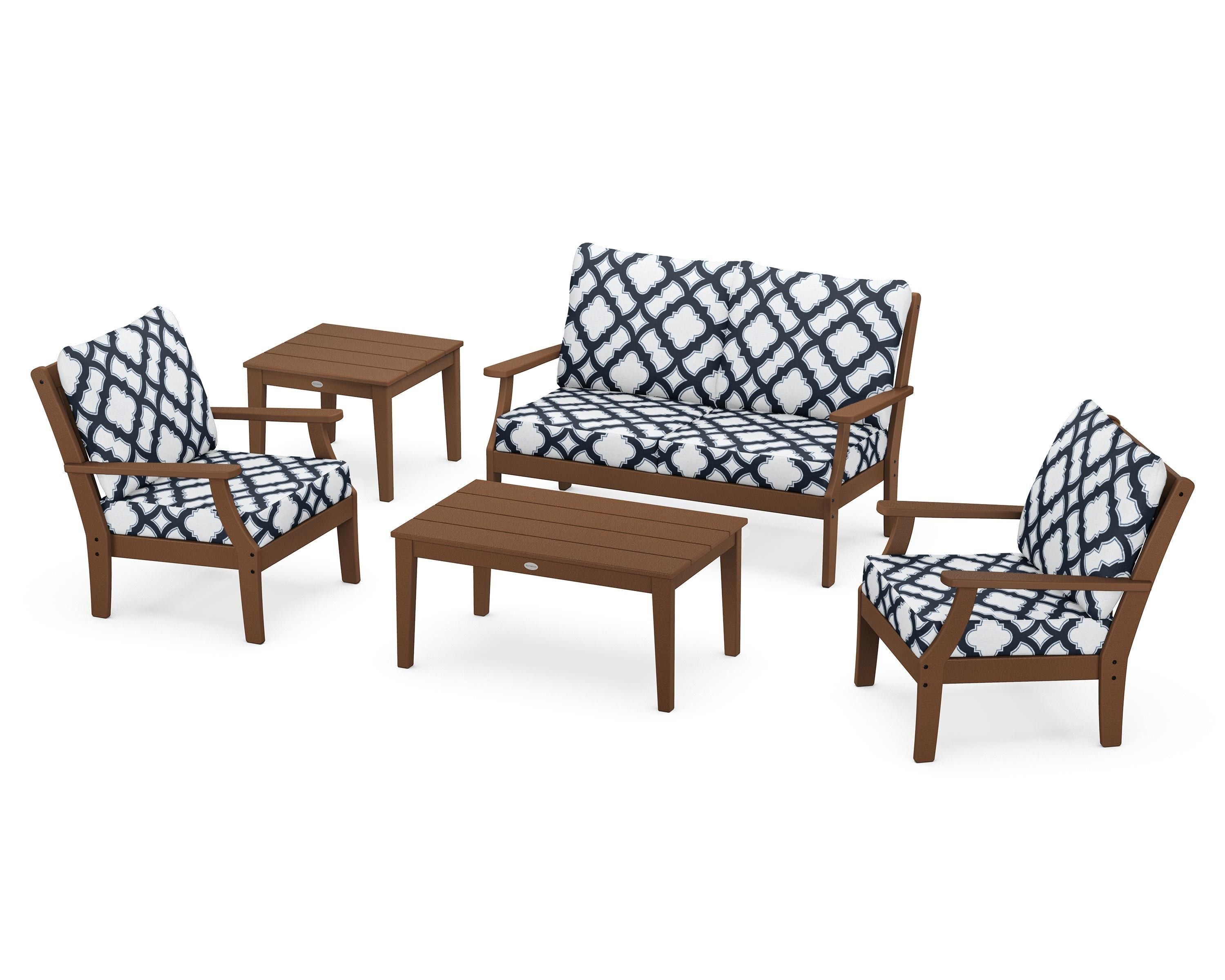 POLYWOOD® Braxton 5-Piece Deep Seating Set in Teak / Trellis Marine Indigo