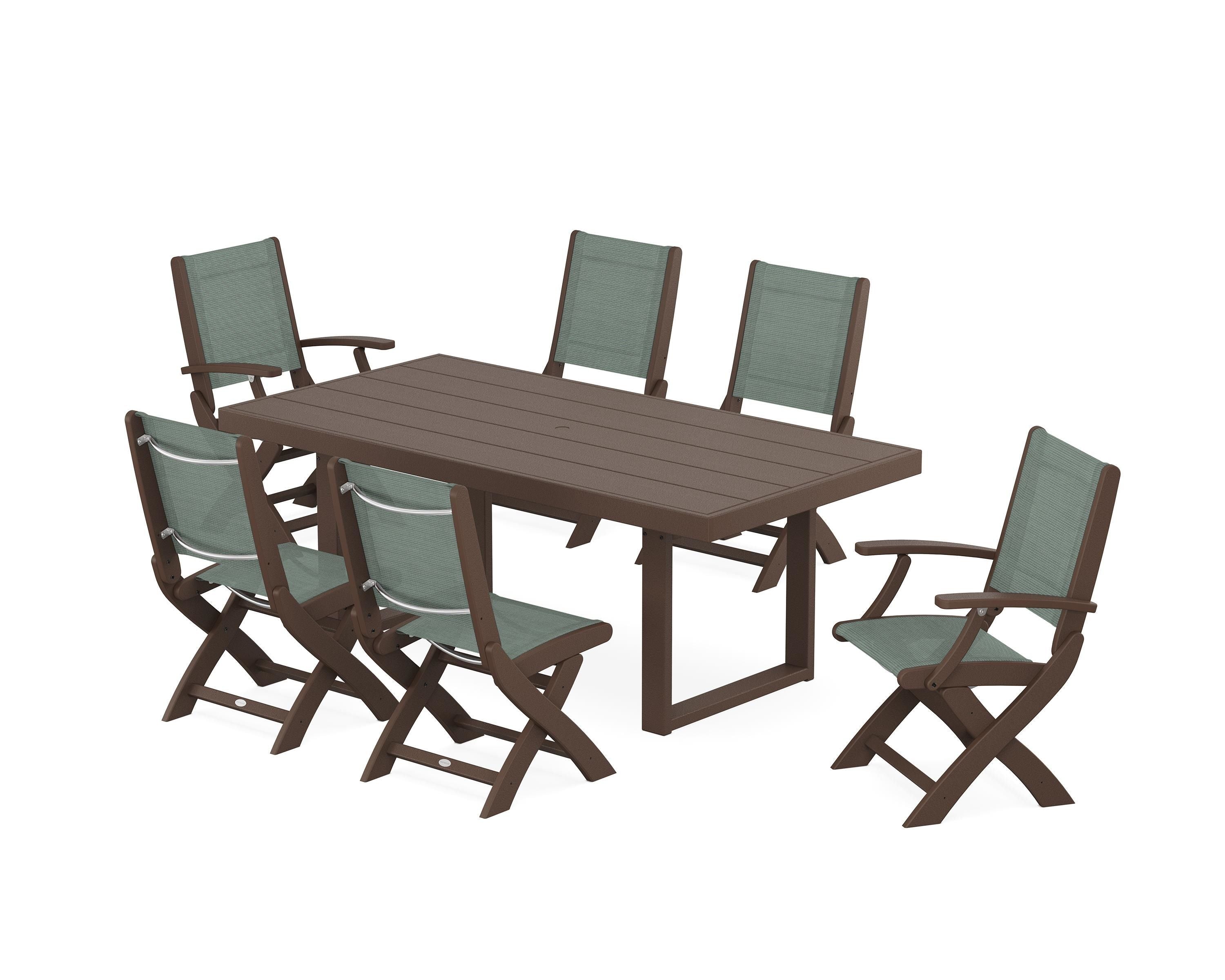 POLYWOOD® Coastal Folding Chair 7-Piece Dining Set with Trestle Legs in Mahogany / Dupioni Sea Mist Sling