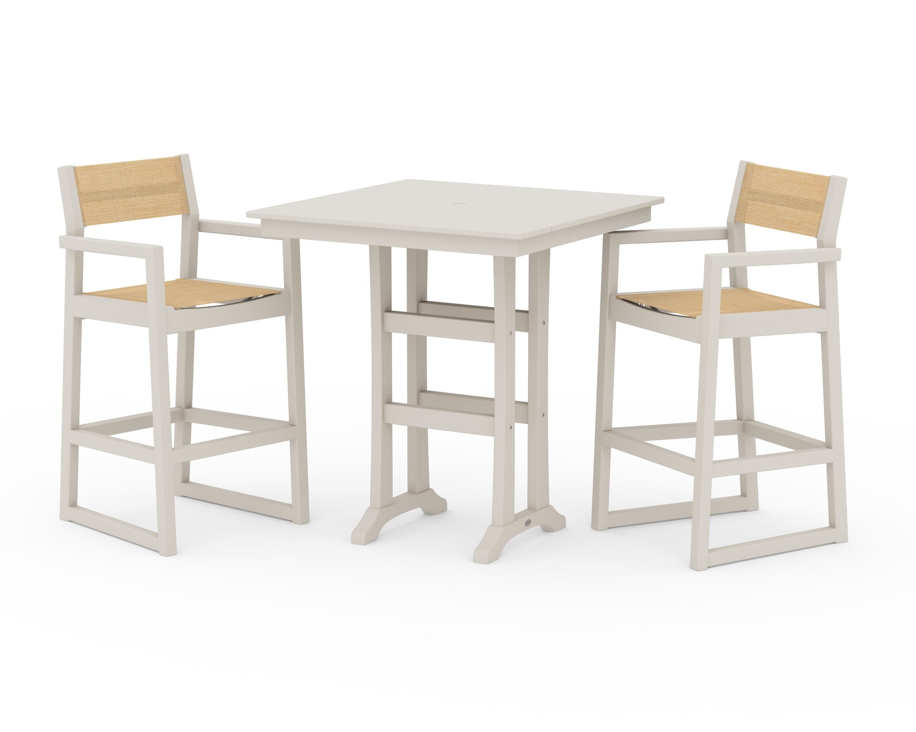 POLYWOOD® EDGE Sling Arm Chair 3-Piece Farmhouse Bar Set with Trestle Legs in Sand / Dupioni Apricot Sling