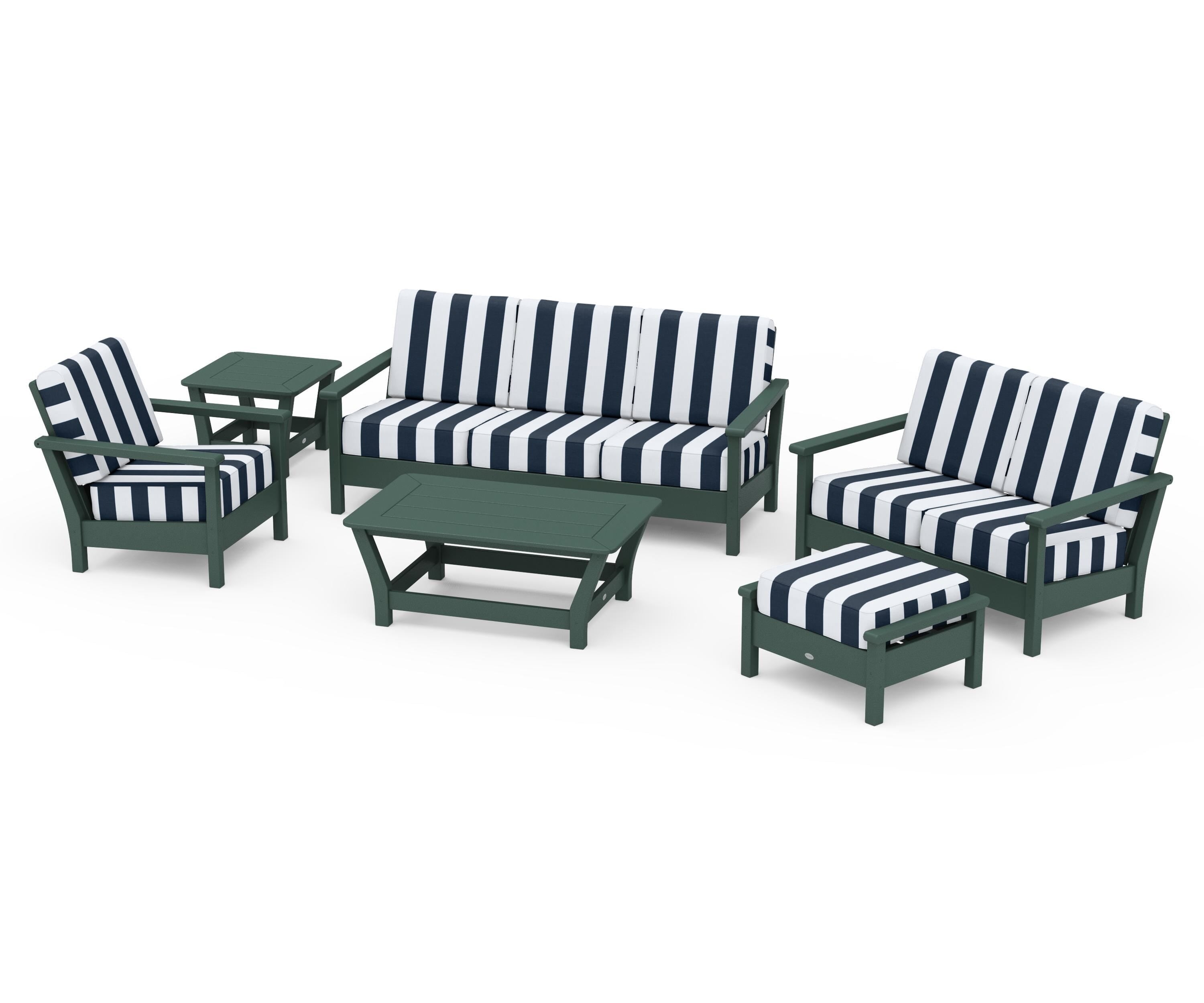 POLYWOOD® Harbour 6-Piece Outdoor Living Set in Green / Cabana Stripe Marine Indigo