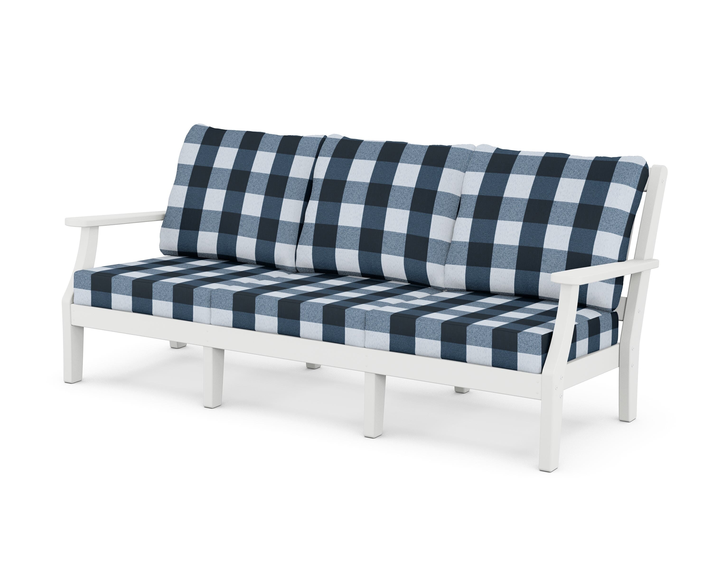 Martha Stewart by POLYWOOD® Chinoiserie Deep Seating Sofa in White / Buffalo Plaid Marine Indigo