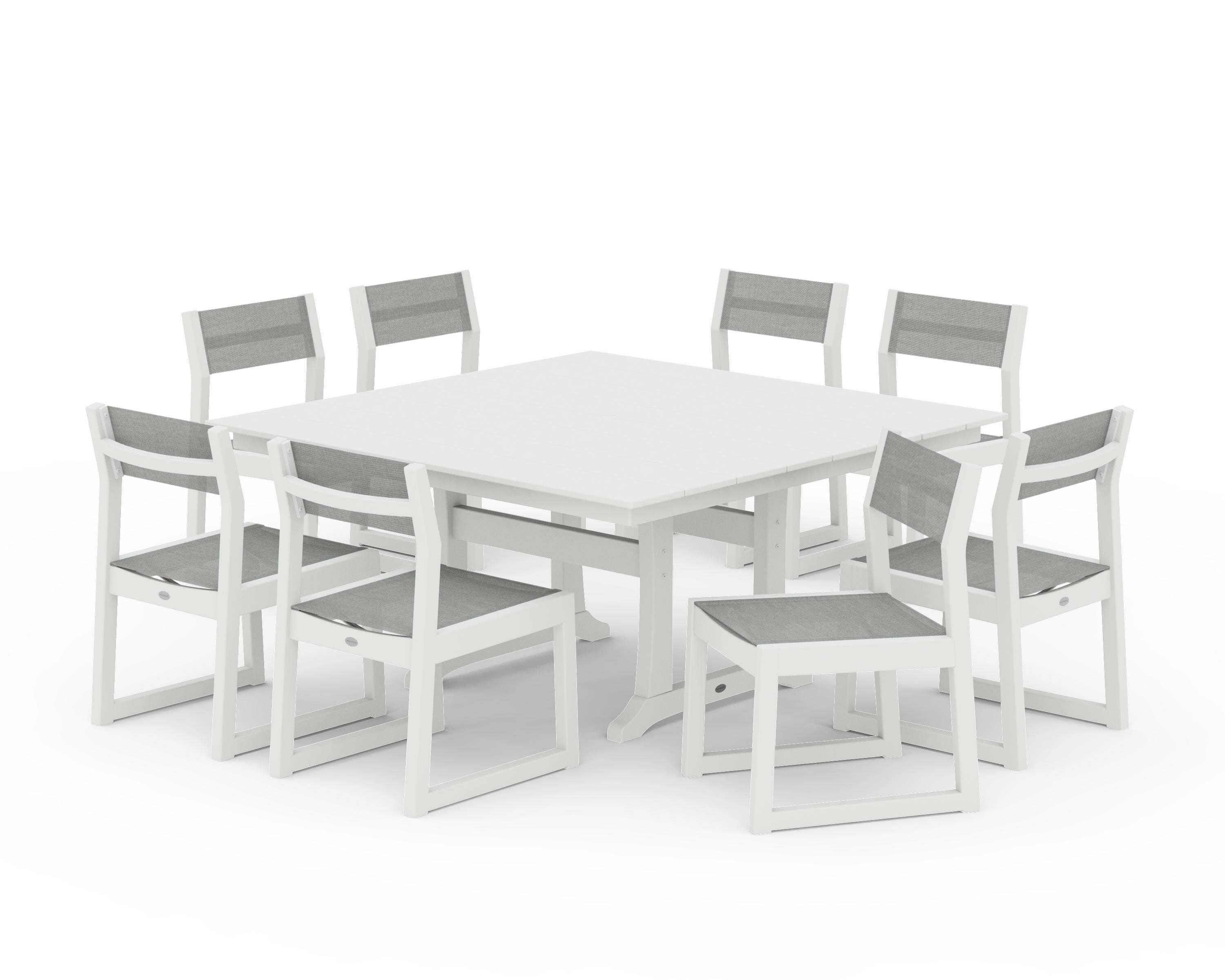 POLYWOOD® EDGE Sling Side Chair 9-Piece Farmhouse Trestle Dining Set in White / Metallic Sling