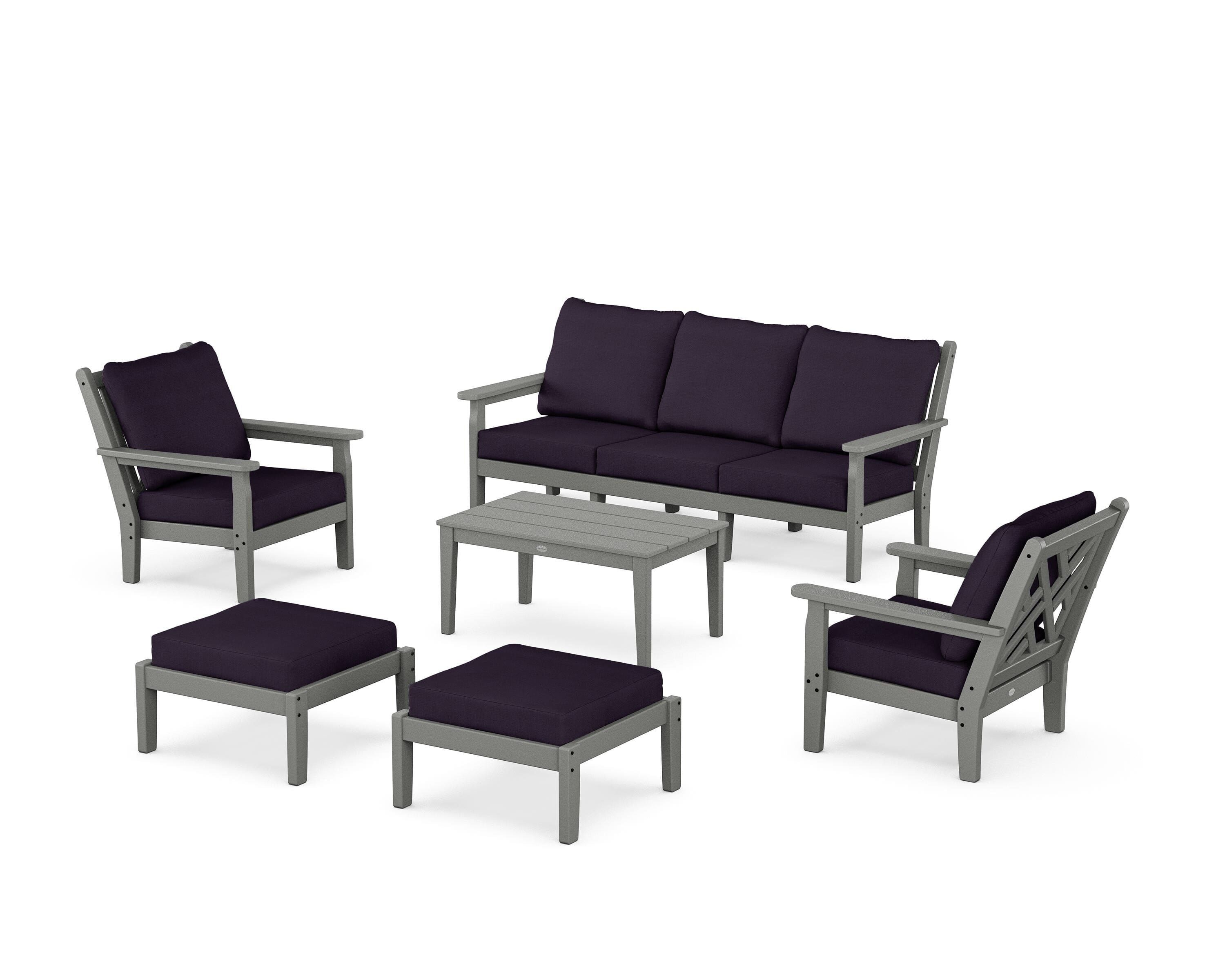POLYWOOD® Chippendale 6-Piece Lounge Sofa Set in Slate Grey / Navy Linen
