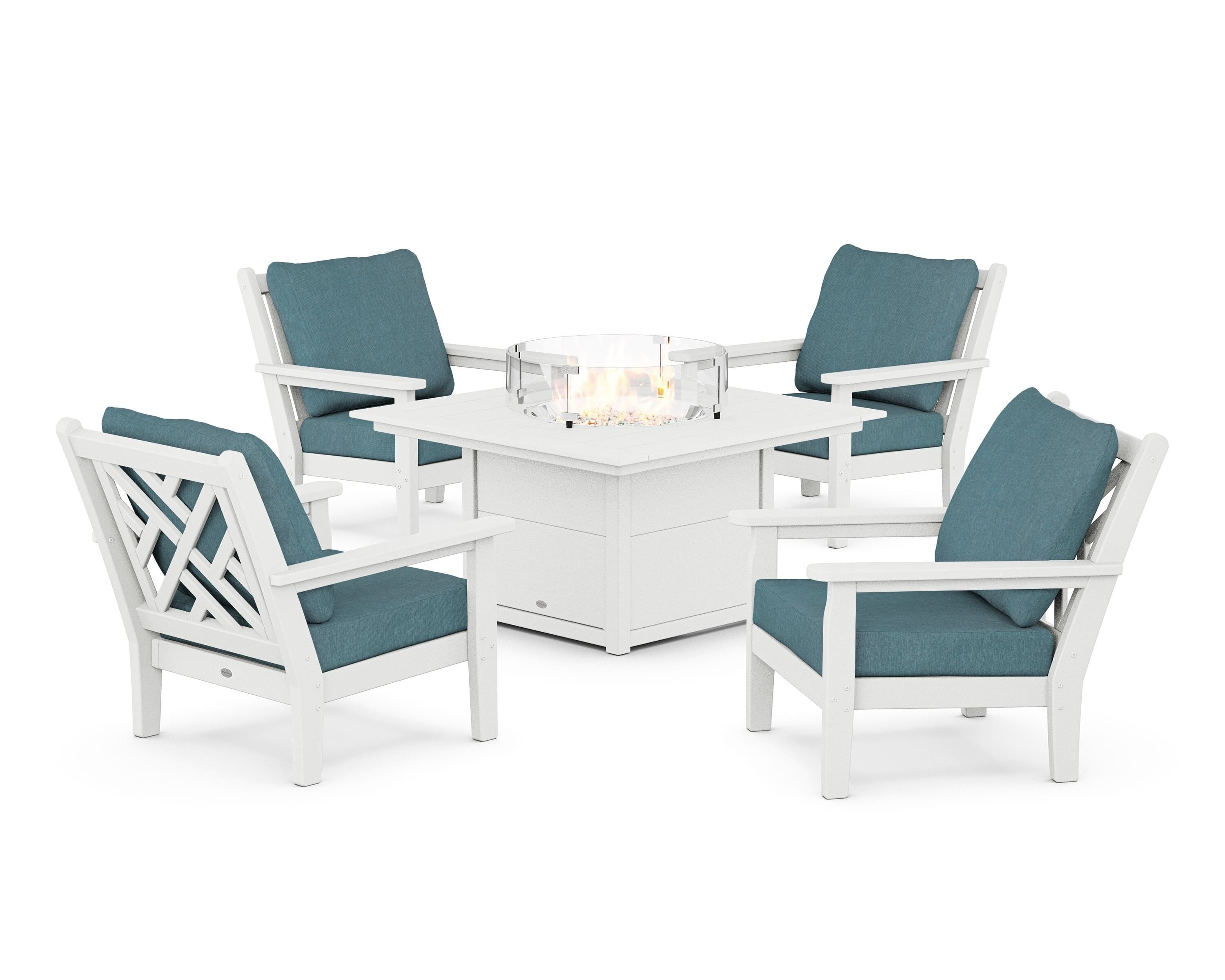 POLYWOOD® Chippendale 5-Piece Deep Seating Set with Fire Pit Table in White / Ocean Teal