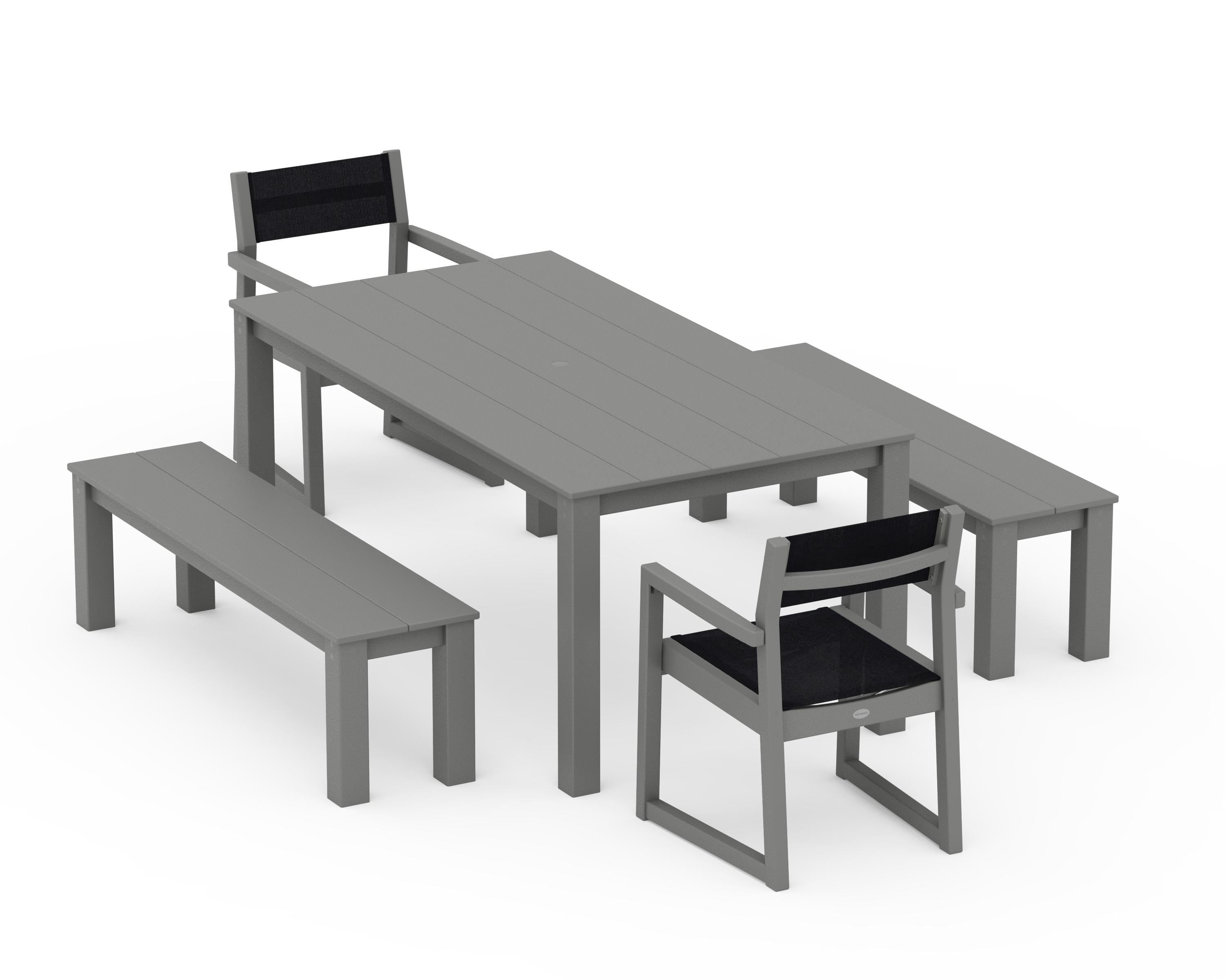 POLYWOOD® EDGE Sling Arm Chair 5-Piece Parsons Dining Set with Benches in Slate Grey / Black Sling