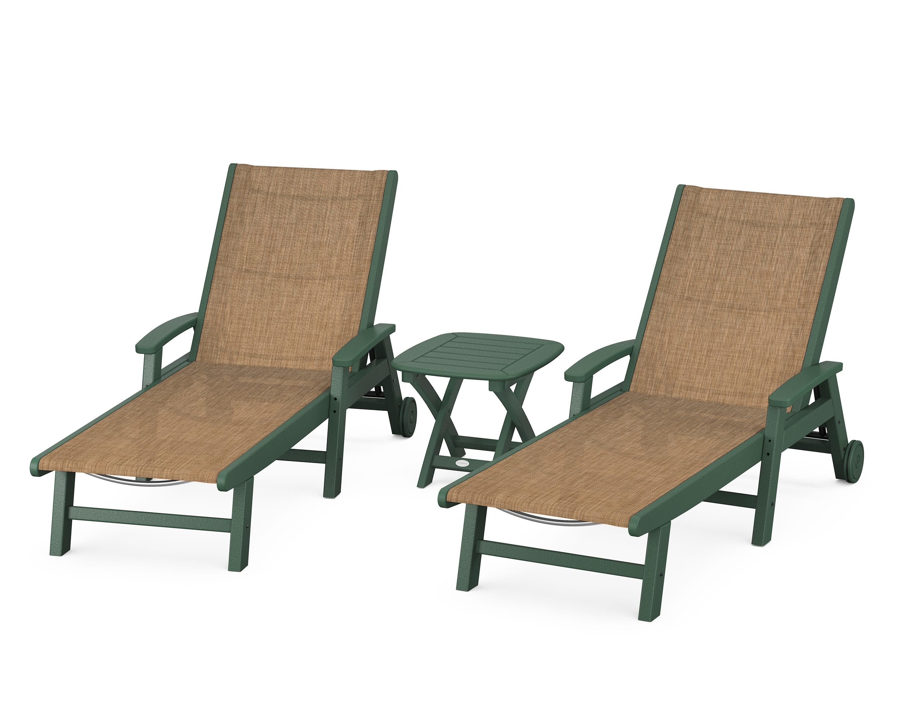 POLYWOOD® Coastal 3-Piece Wheeled Chaise Set in Green / Burlap Sling