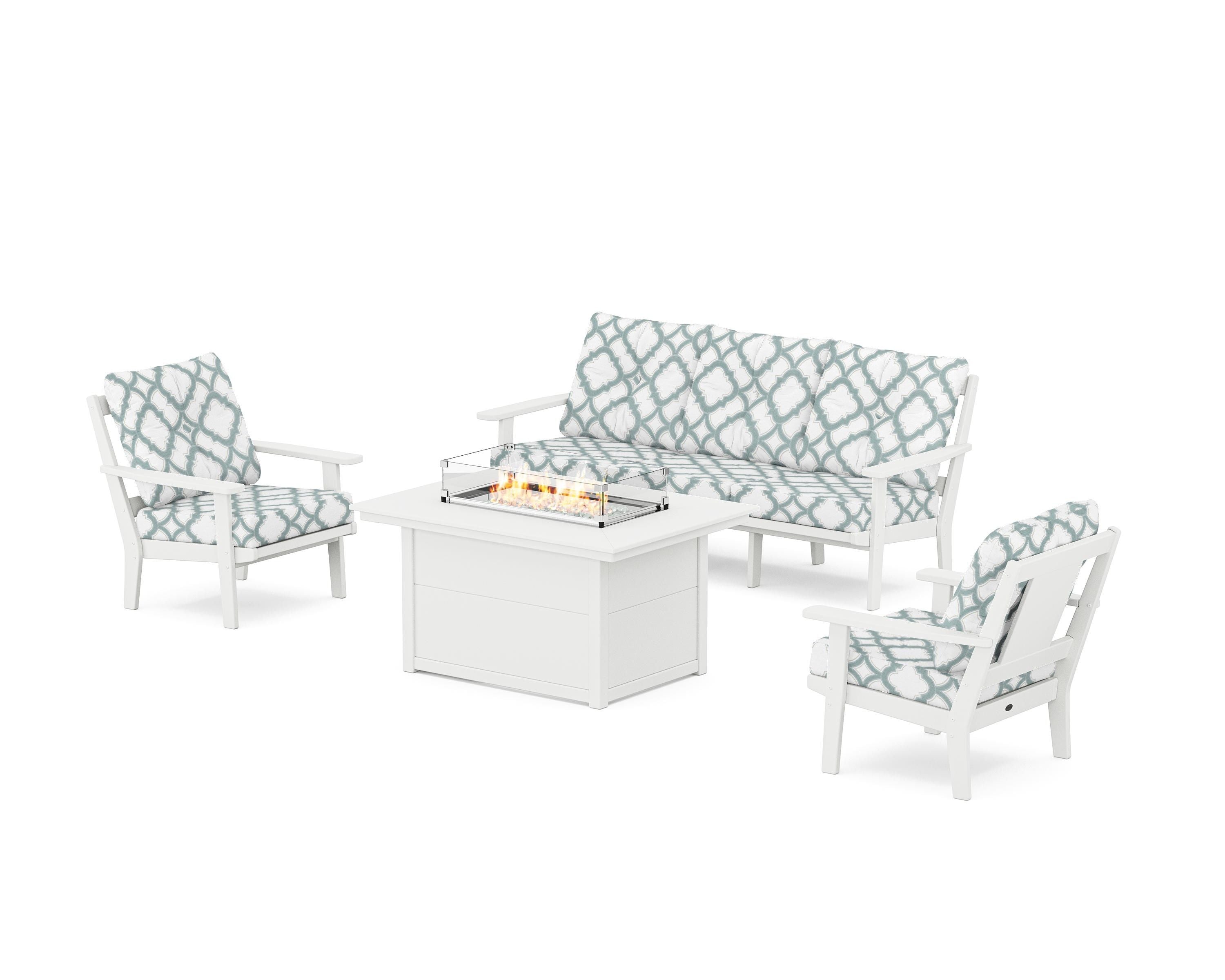 POLYWOOD® Prairie Deep Seating Fire Pit Table Set in White / Trellis Glacier Spa