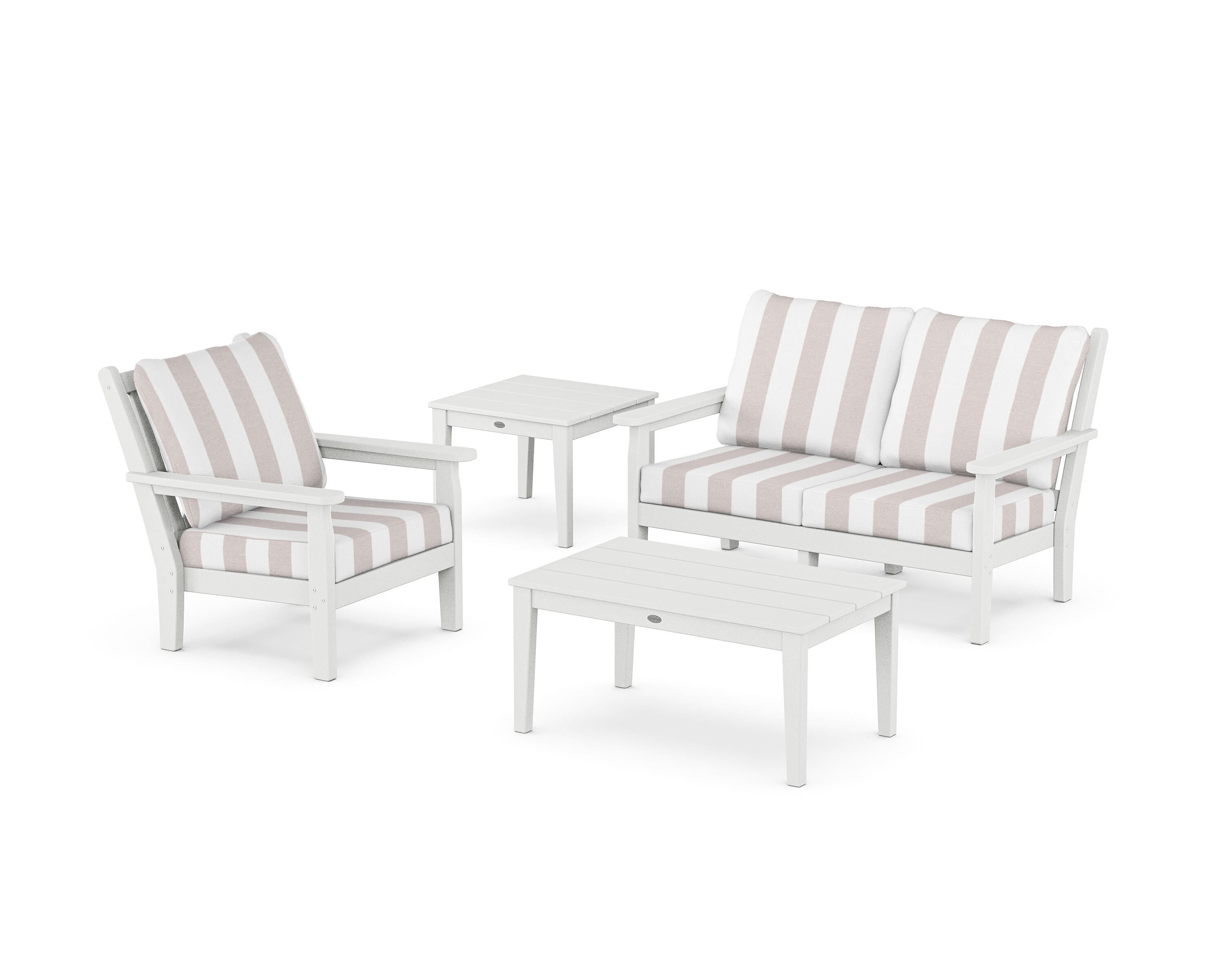 POLYWOOD® Chippendale 4-Piece Deep Seating Set in White / Cabana Stripe Dune Burlap
