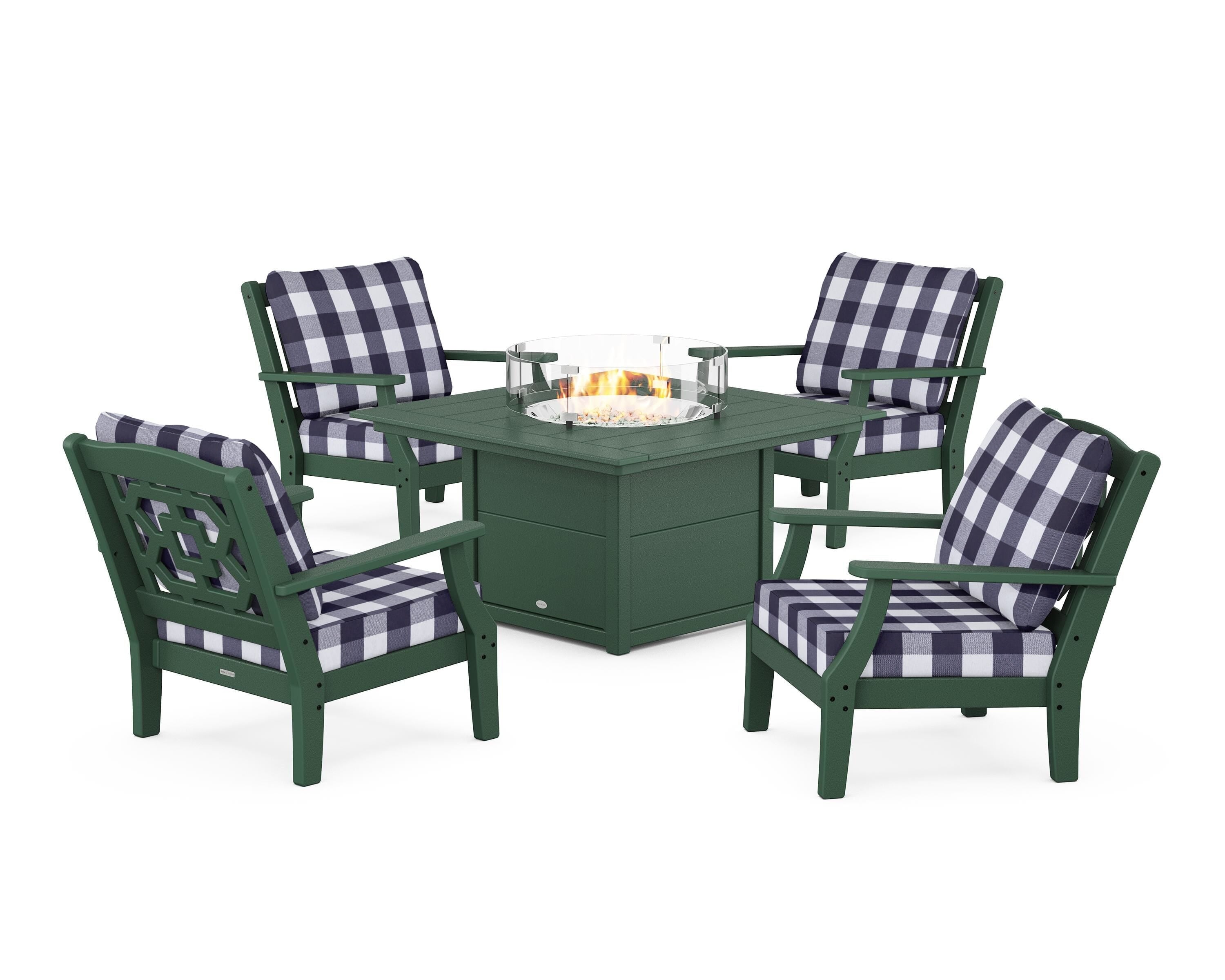 Martha Stewart by POLYWOOD® Chinoiserie 5-Piece Deep Seating Set with Fire Pit Table in Green / Buffalo Plaid Navy