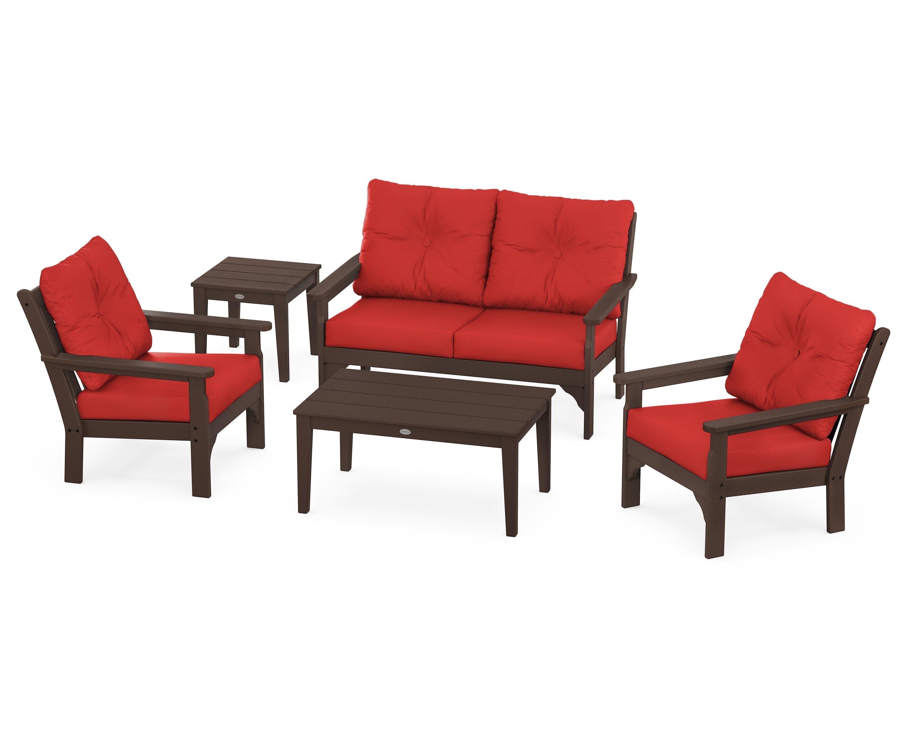 POLYWOOD® Vineyard 5-Piece Deep Seating Set in Mahogany / Crimson Linen