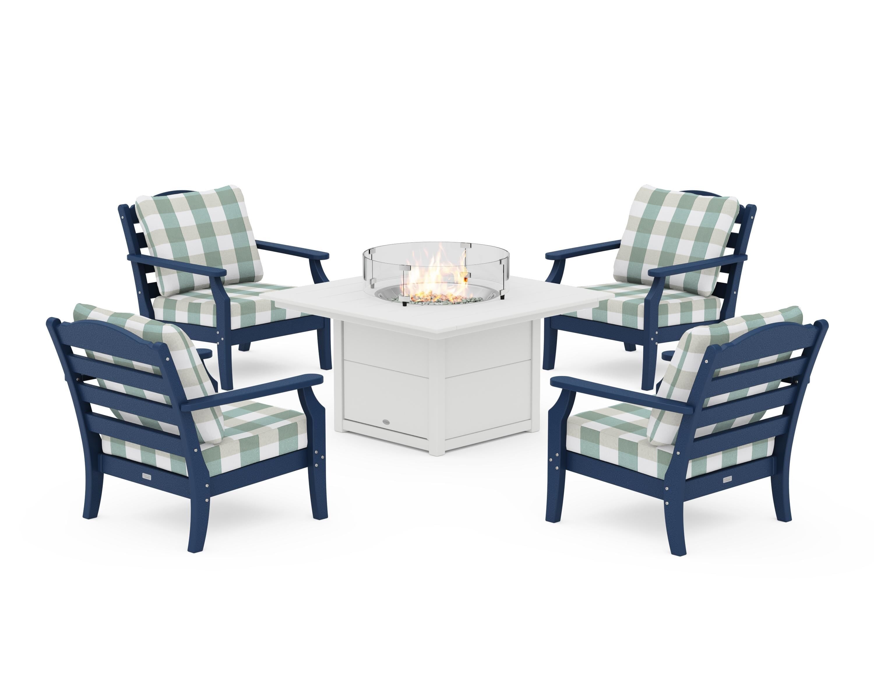 Draper James™ by POLYWOOD® Savannah 5-Piece Deep Seating Set with Fire Pit Table in Navy / Buffalo Plaid Glacier Spa