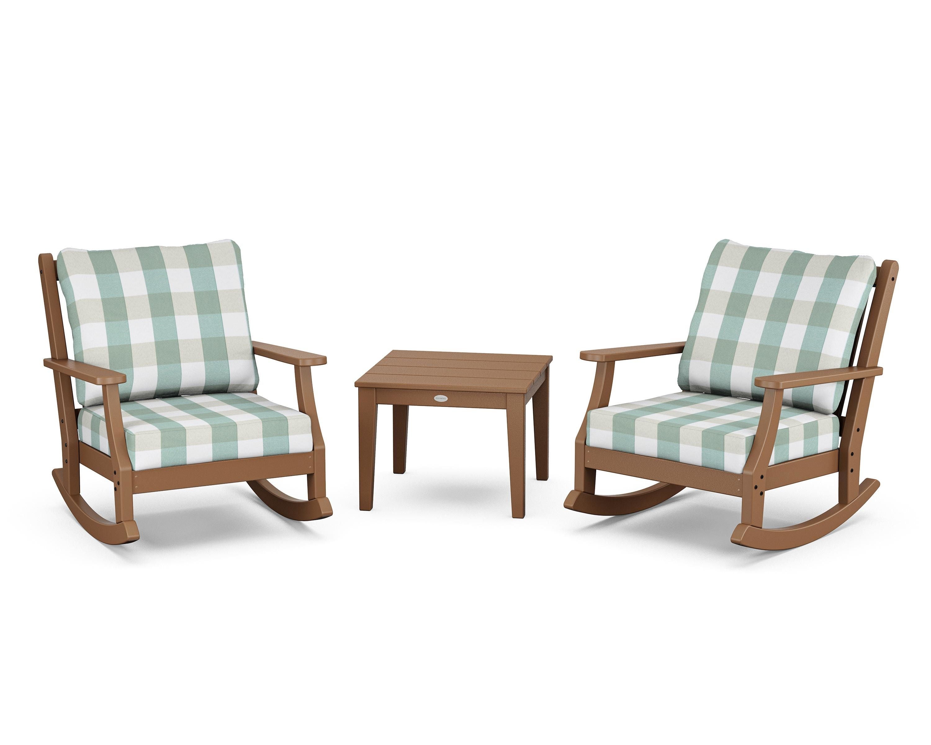 Country Living Wovendale 3-Piece Deep Seating Rocker Set in Teak / Buffalo Plaid Glacier Spa