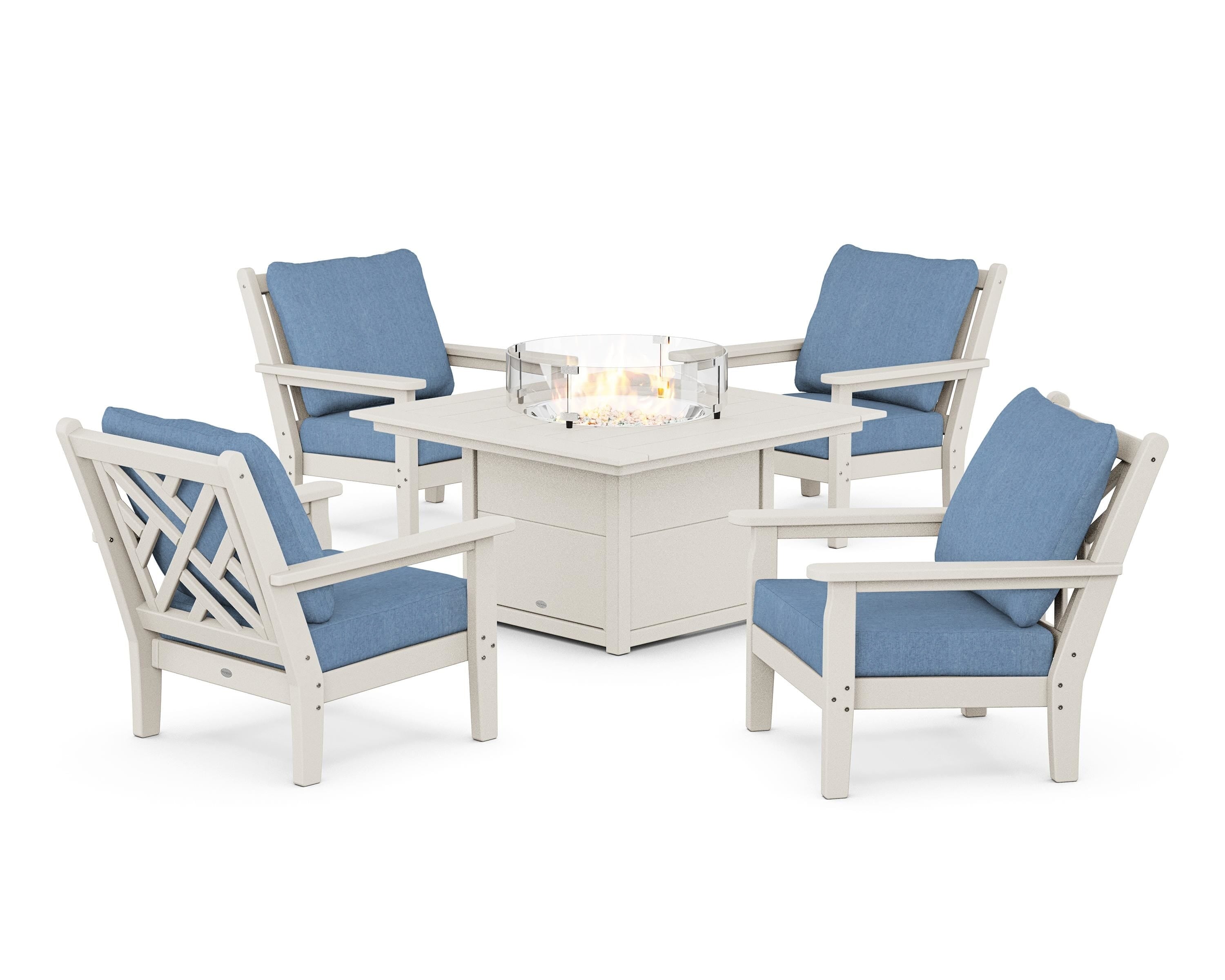 POLYWOOD® Chippendale 5-Piece Deep Seating Set with Fire Pit Table in Sand / Sky Blue