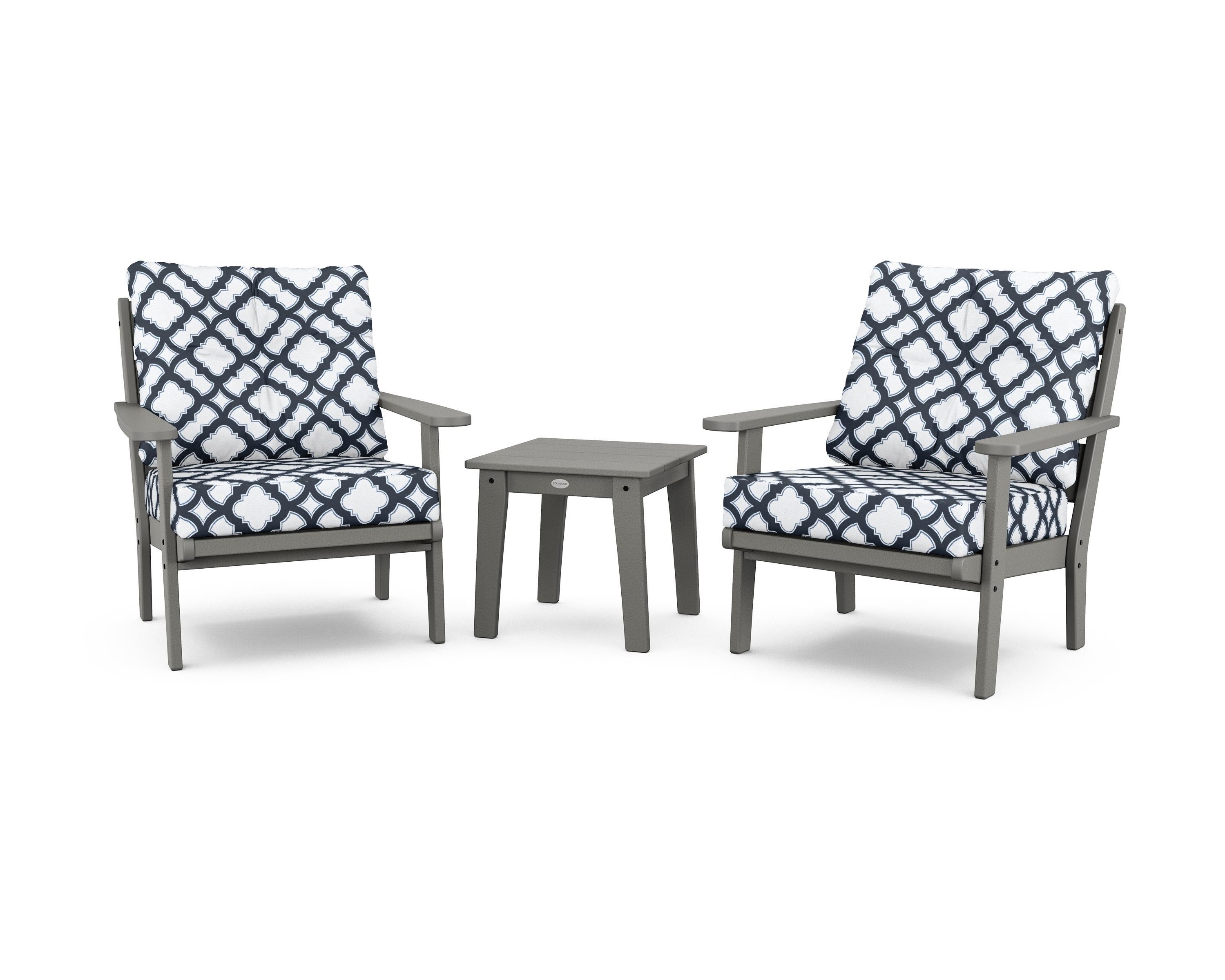POLYWOOD® Lakeside 3-Piece Deep Seating Chair Set in Slate Grey / Trellis Marine Indigo