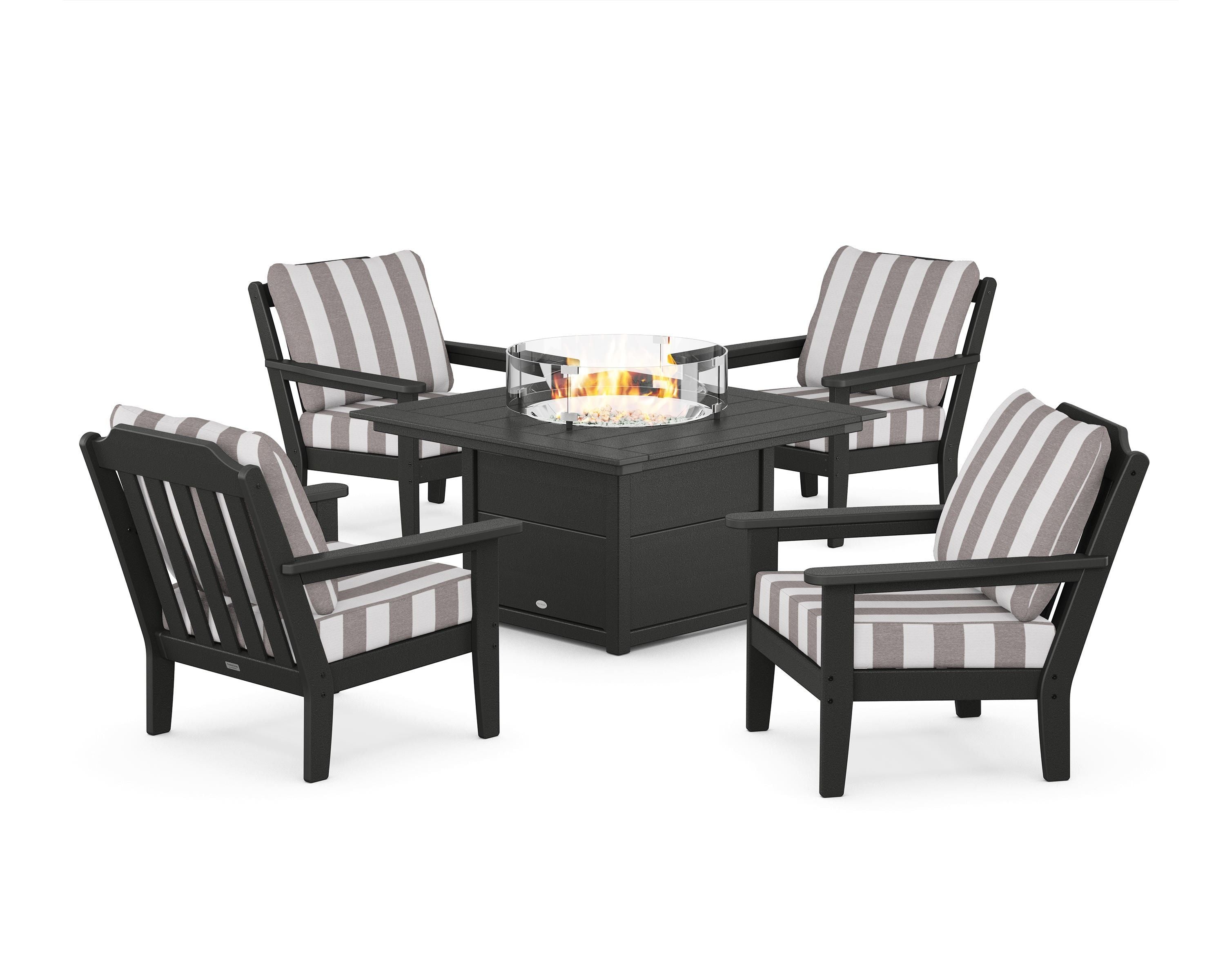 Country Living Cottage 5-Piece Deep Seating Set with Fire Pit Table in Black / Cabana Stripe Grey Mist