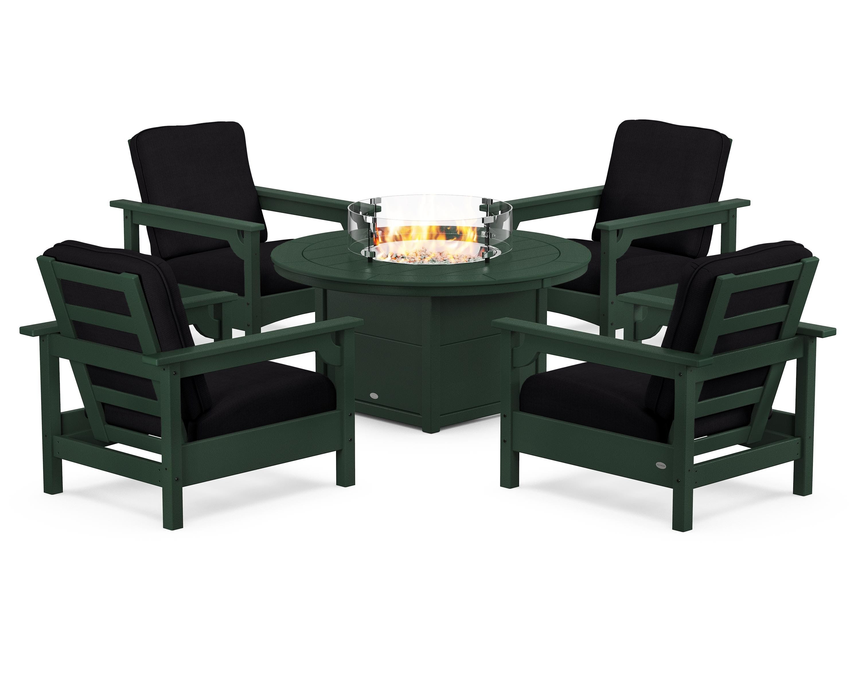 POLYWOOD® Club 5-Piece Conversation Set with Fire Pit Table in Green / Midnight Linen