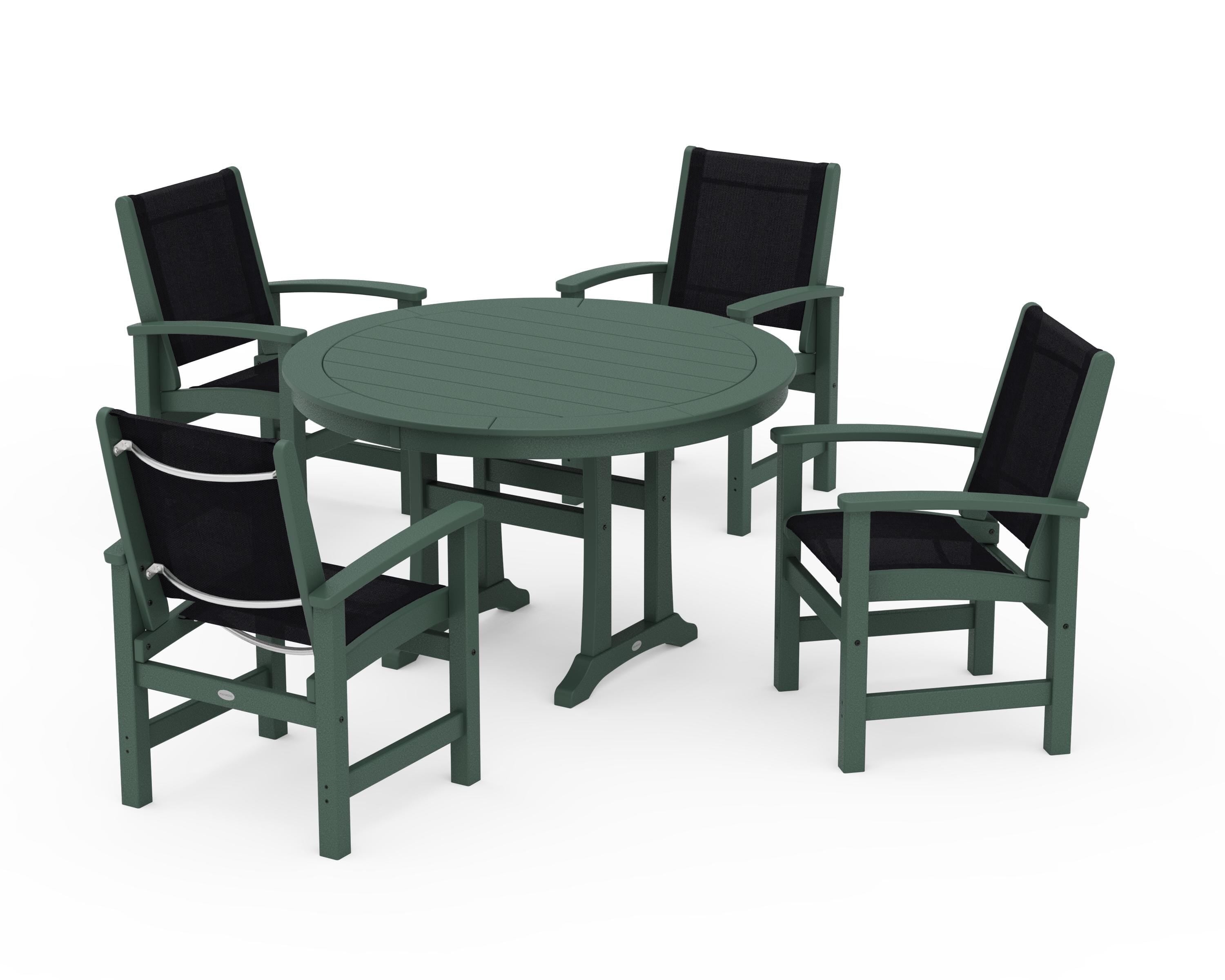 POLYWOOD® Coastal 5-Piece Round Dining Set with Trestle Legs in Green / Black Sling