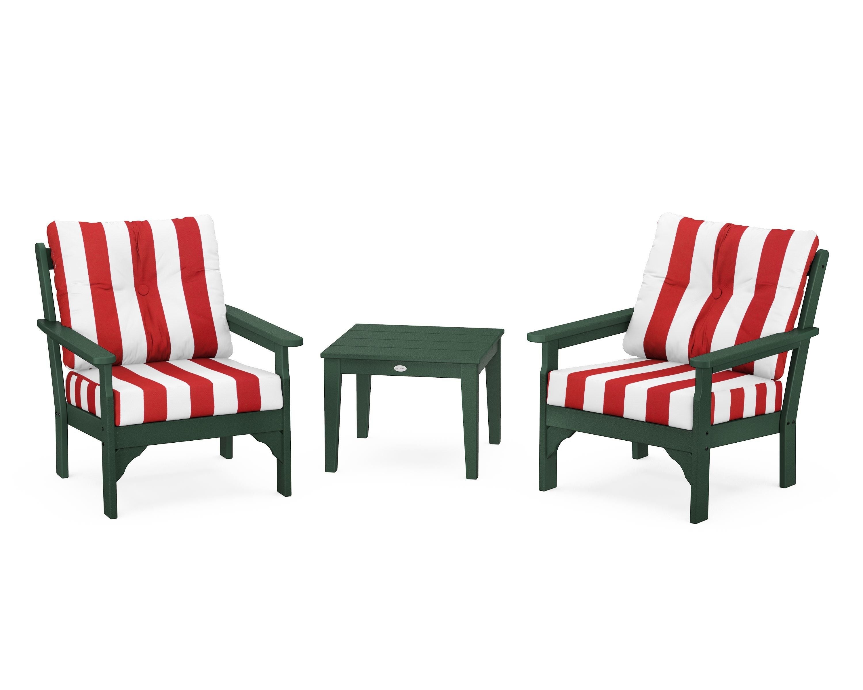 POLYWOOD® Vineyard 3-Piece Deep Seating Set in Green / Cabana Stripe Crimson