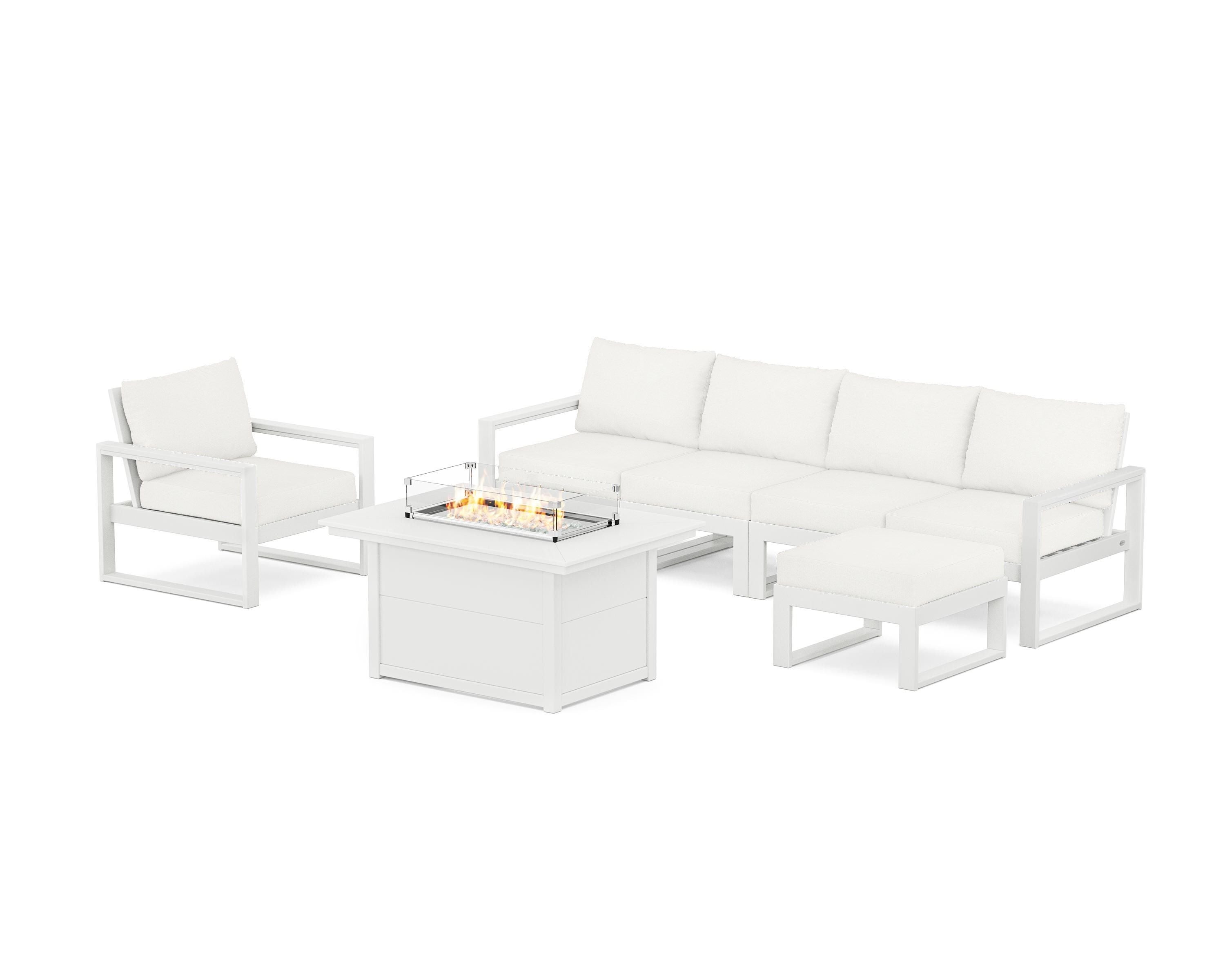 POLYWOOD® EDGE Sectional Lounge and Fire Pit Set in White / Natural Linen