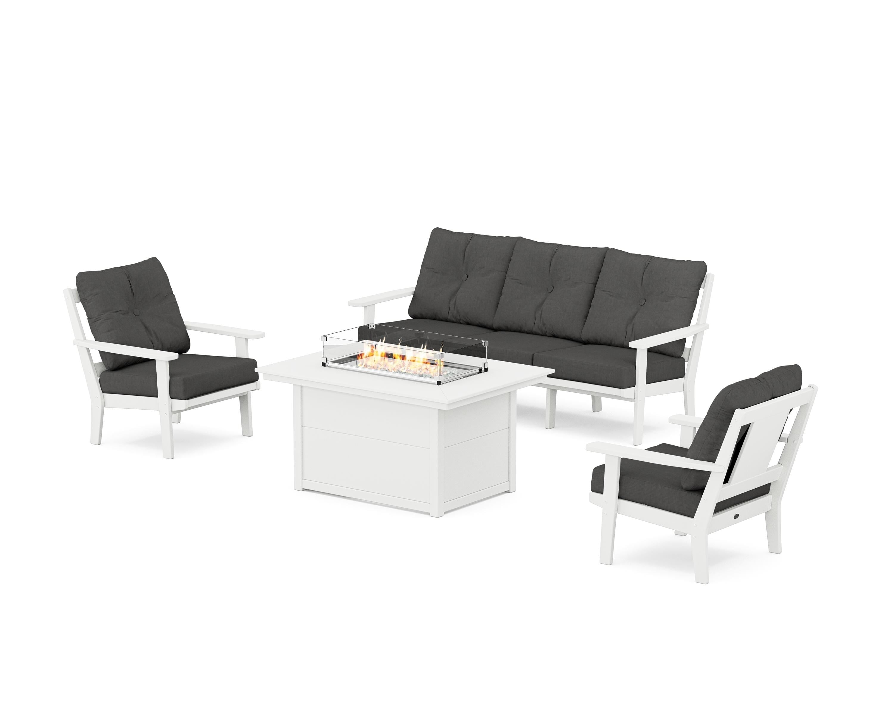 POLYWOOD® Prairie Deep Seating Fire Pit Table Set in White / Spectrum Carbon