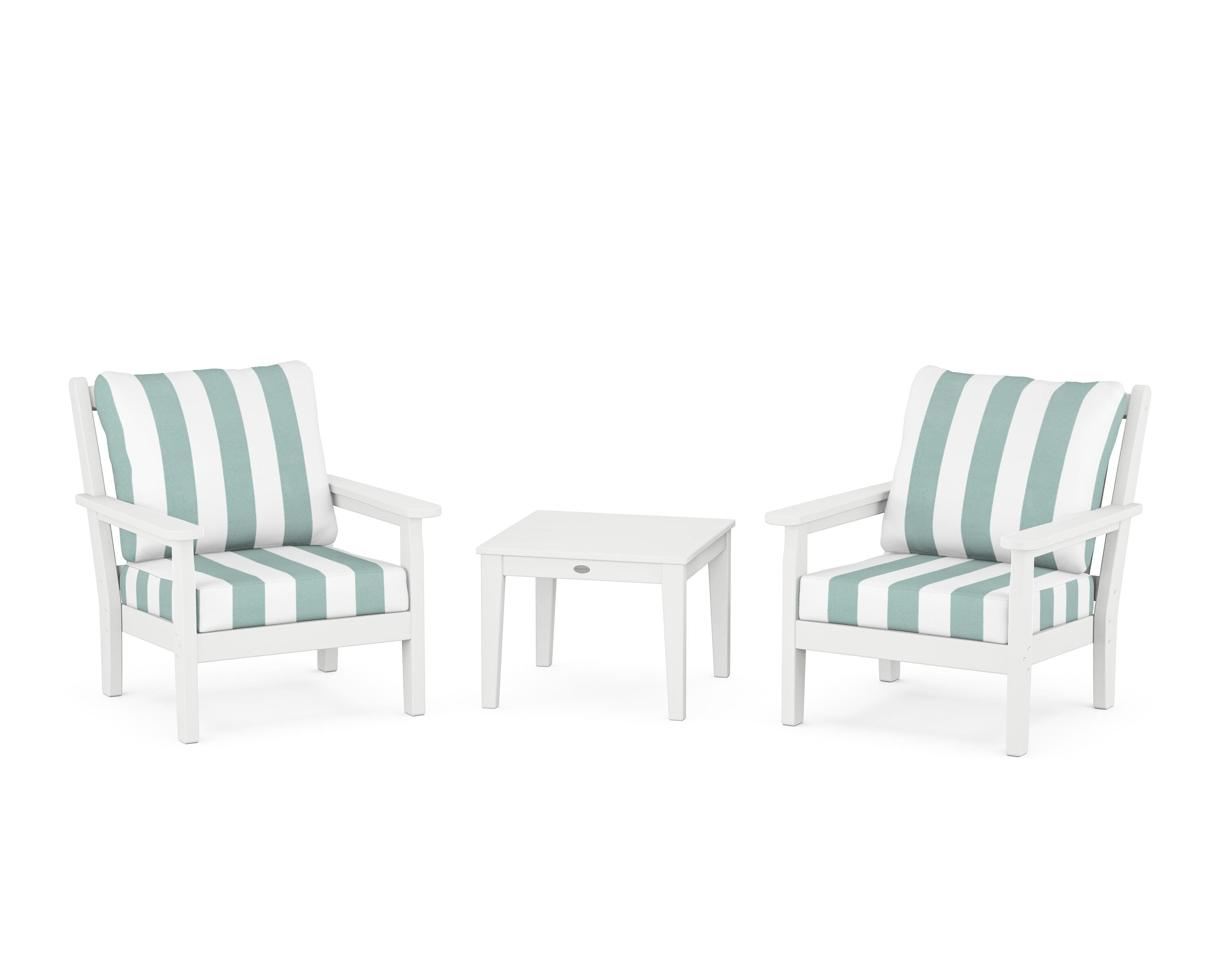POLYWOOD® Chippendale 3-Piece Deep Seating Set in White / Cabana Stripe Glacier Spa