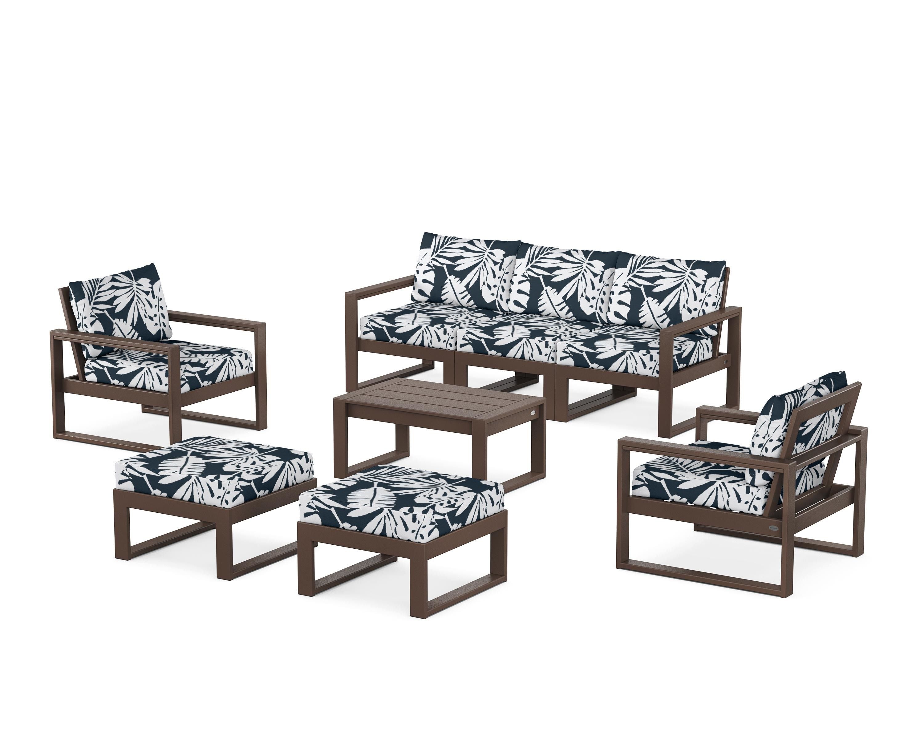POLYWOOD® EDGE Sectional 8-Piece Lounge Sofa Set in Mahogany / Leaf Marine Indigo