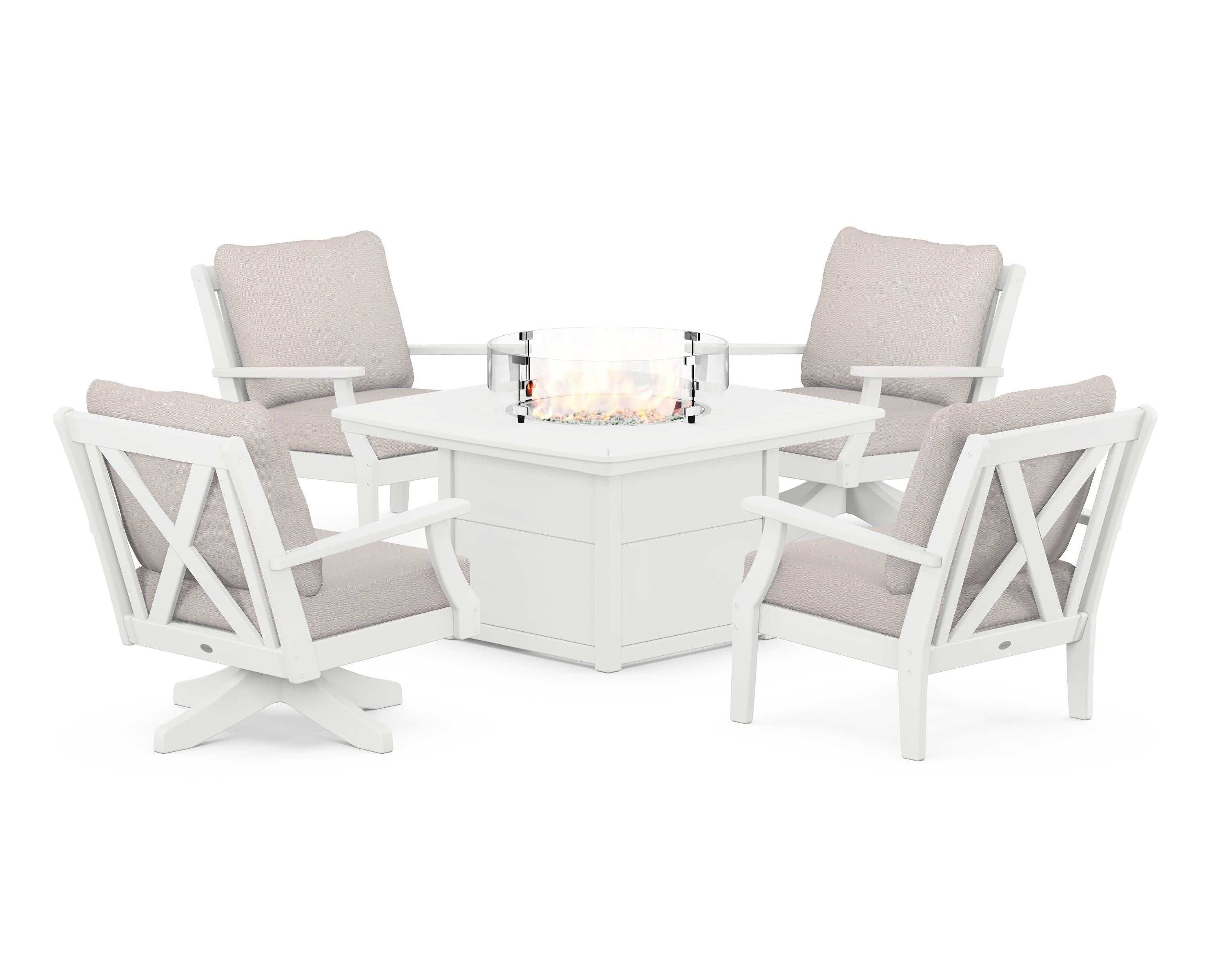 POLYWOOD® Braxton 5-Piece Deep Seating Set with Fire Table in White / Dune Burlap