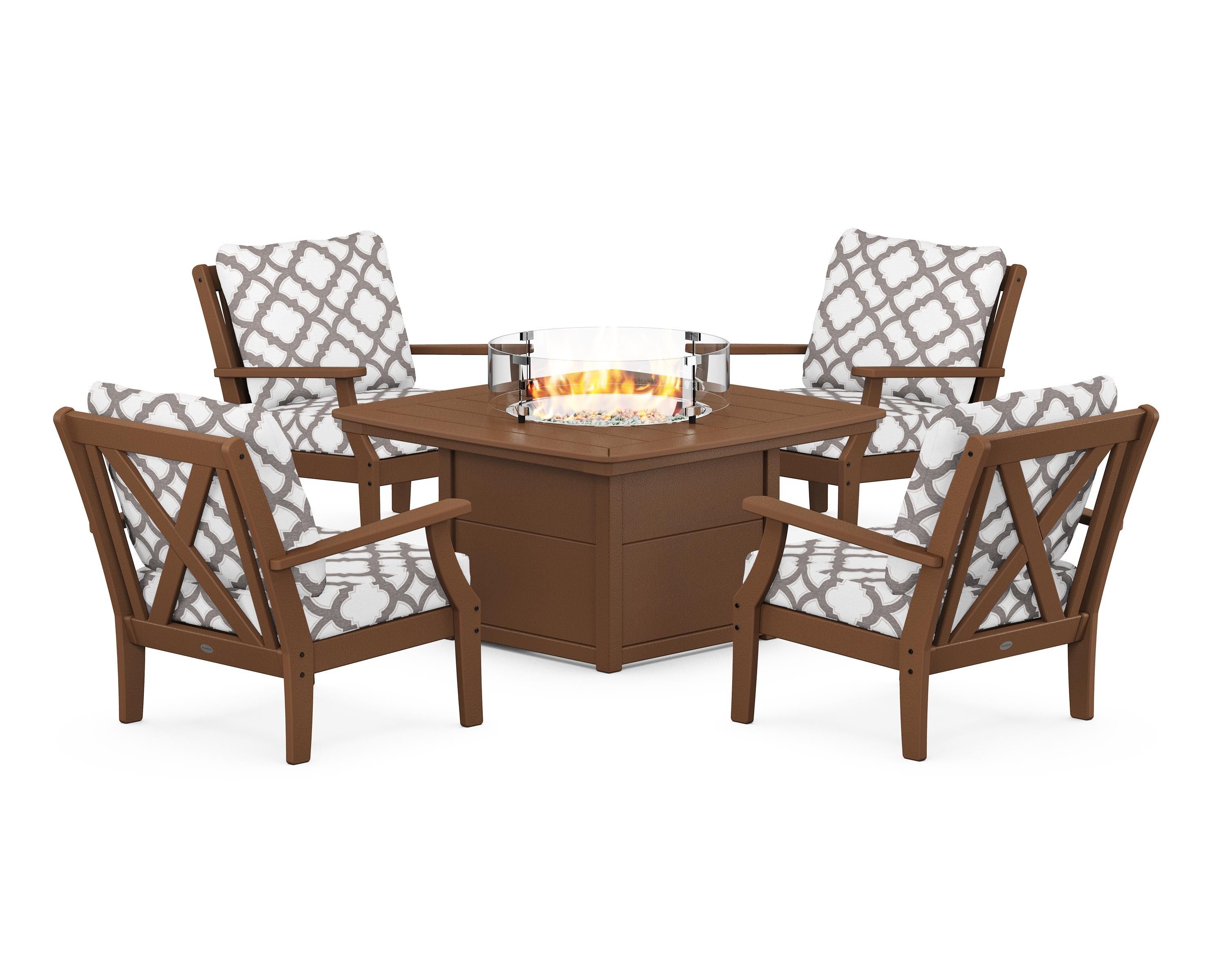 POLYWOOD® Braxton 5-Piece Deep Seating Conversation Set with Fire Pit Table in Teak / Trellis Grey Mist