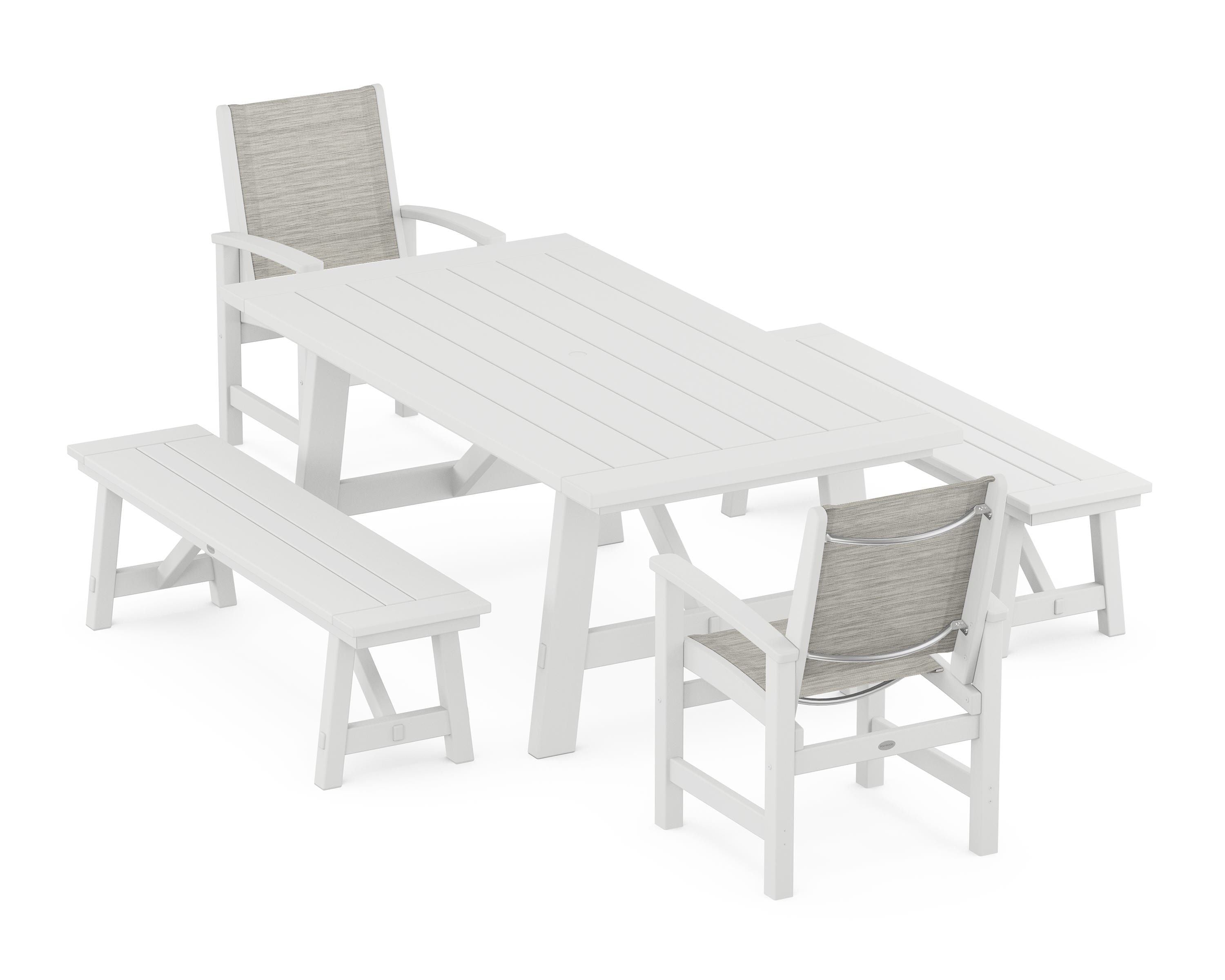 POLYWOOD® Coastal 5-Piece Rustic Farmhouse Dining Set With Benches in White / Birch Sling