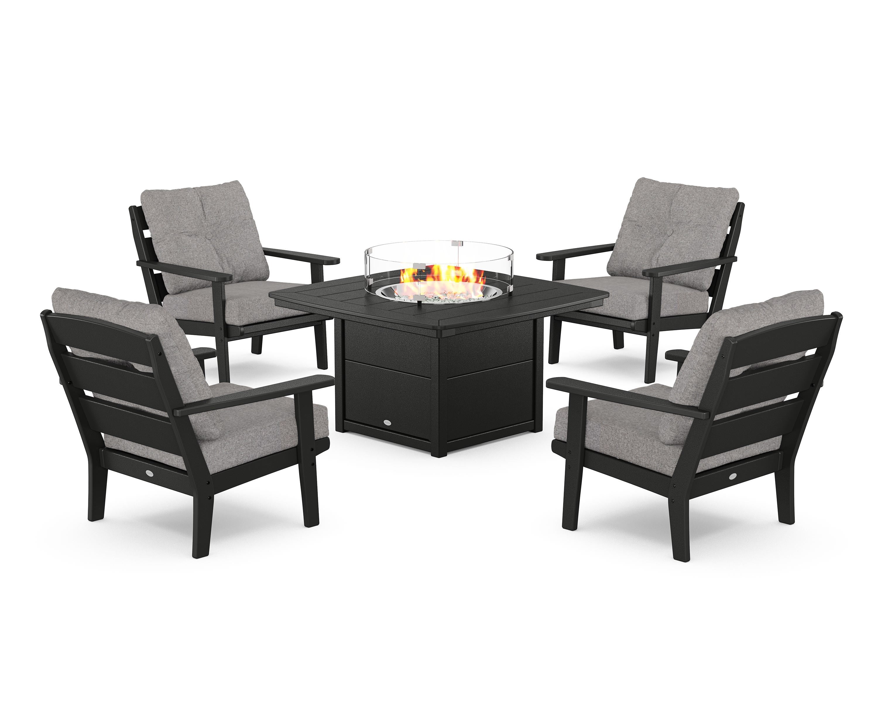 POLYWOOD® Lakeside 5-Piece Deep Seating Set with Nautical Fire Pit Table in Black / Grey Mist