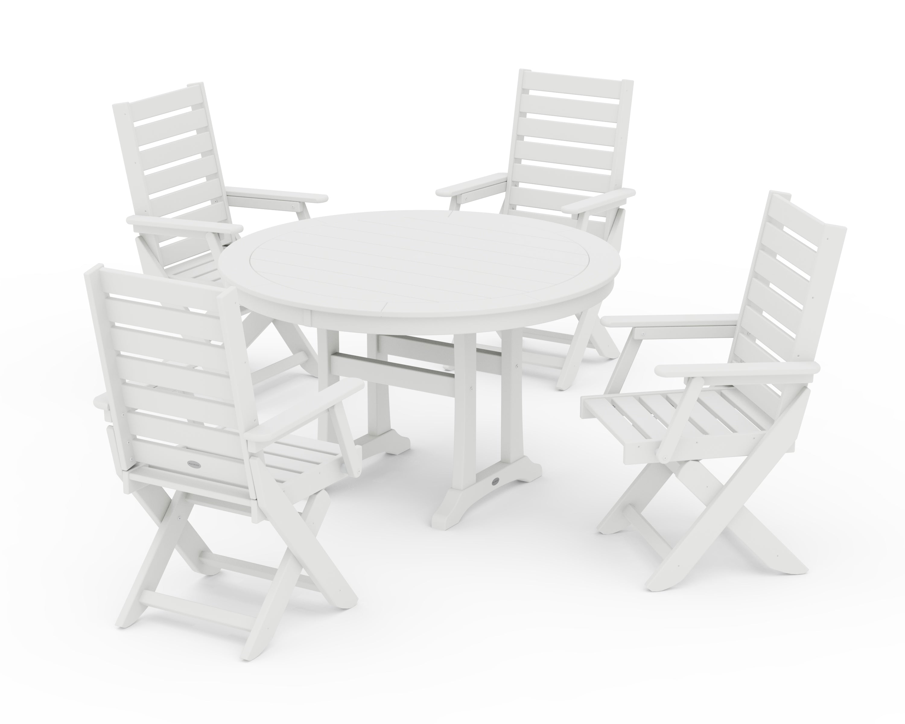 POLYWOOD® Captain Folding Chair 5-Piece Round Dining Set with Trestle Legs in White