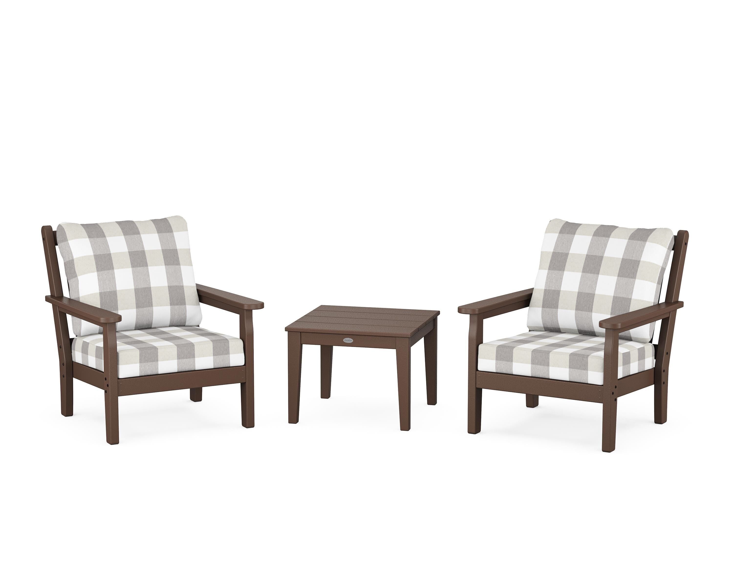 POLYWOOD® Chippendale 3-Piece Deep Seating Set in Mahogany / Buffalo Plaid Grey Mist