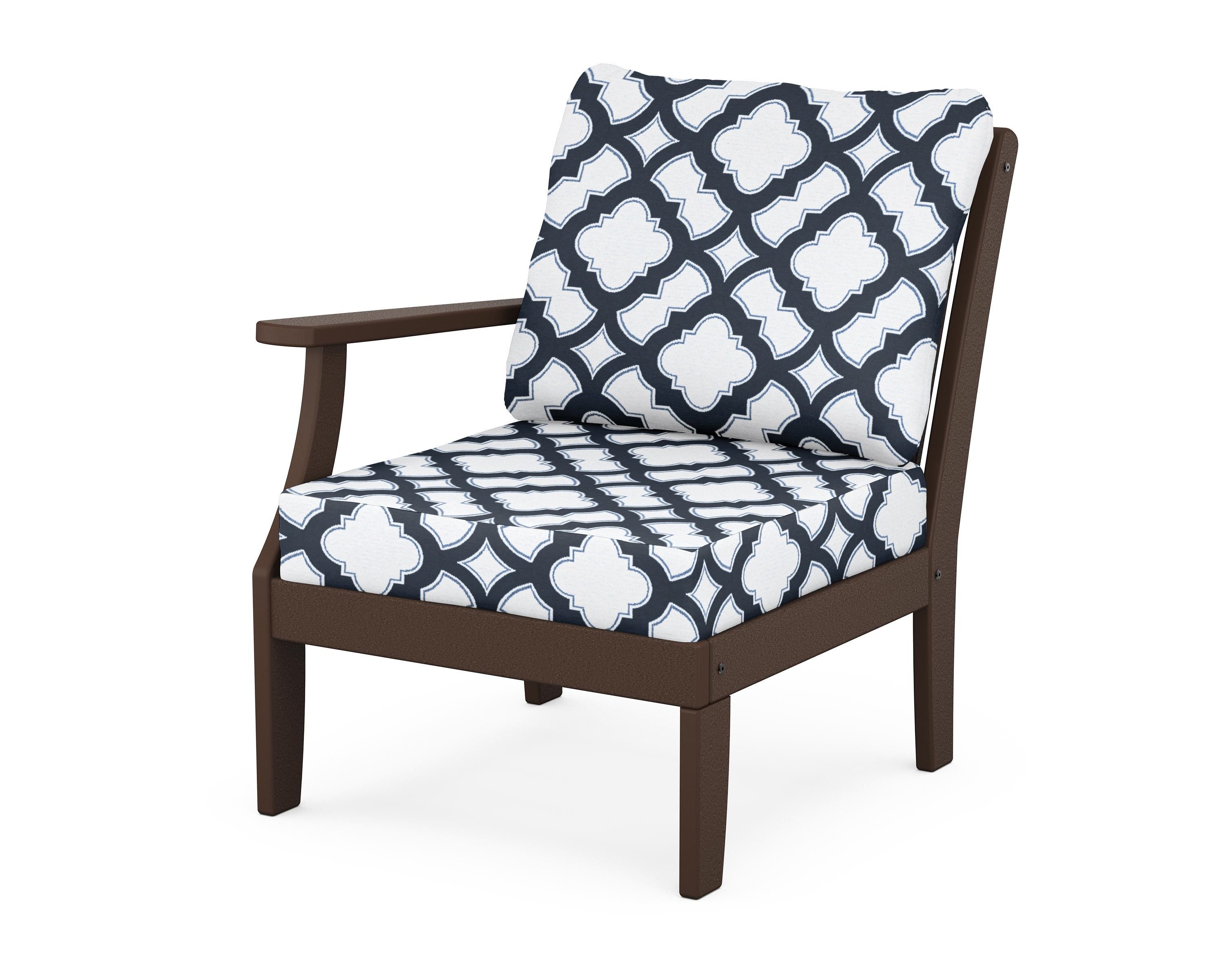 POLYWOOD® Braxton Modular Left Arm Chair in Mahogany / Trellis Marine Indigo