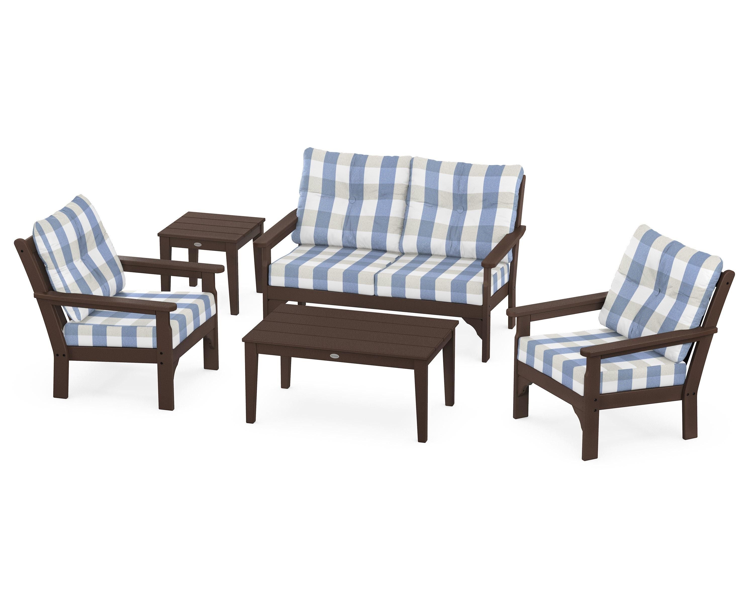 POLYWOOD® Vineyard 5-Piece Deep Seating Set in Mahogany / Buffalo Plaid Sky Blue