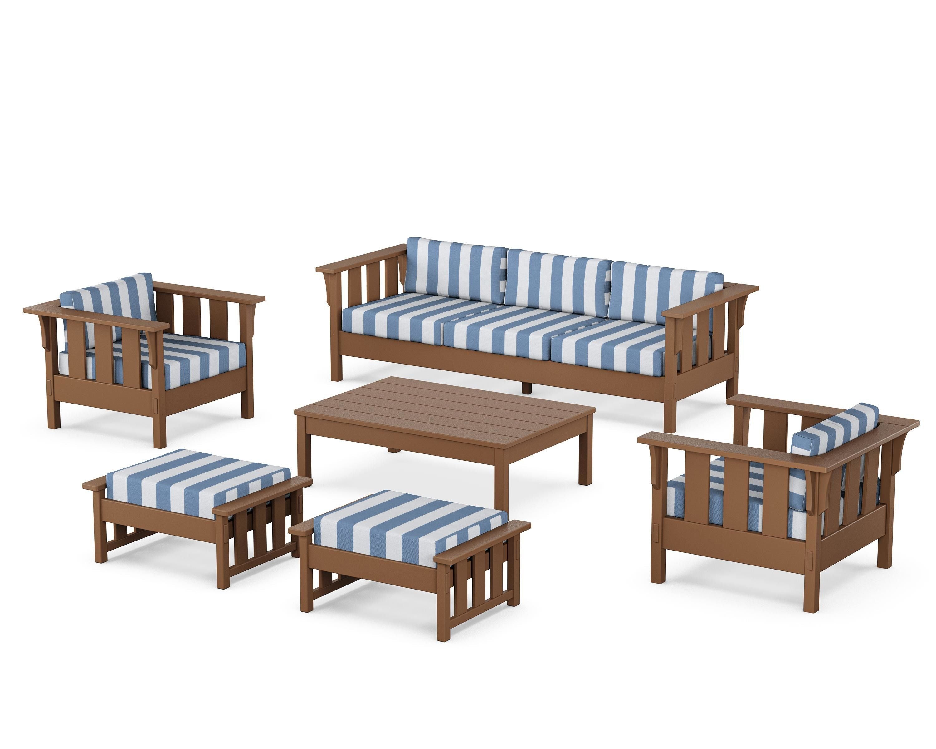 Martha Stewart by POLYWOOD® Acadia 6-Piece Lounge Sofa Set in Teak / Cabana Stripe Sky Blue