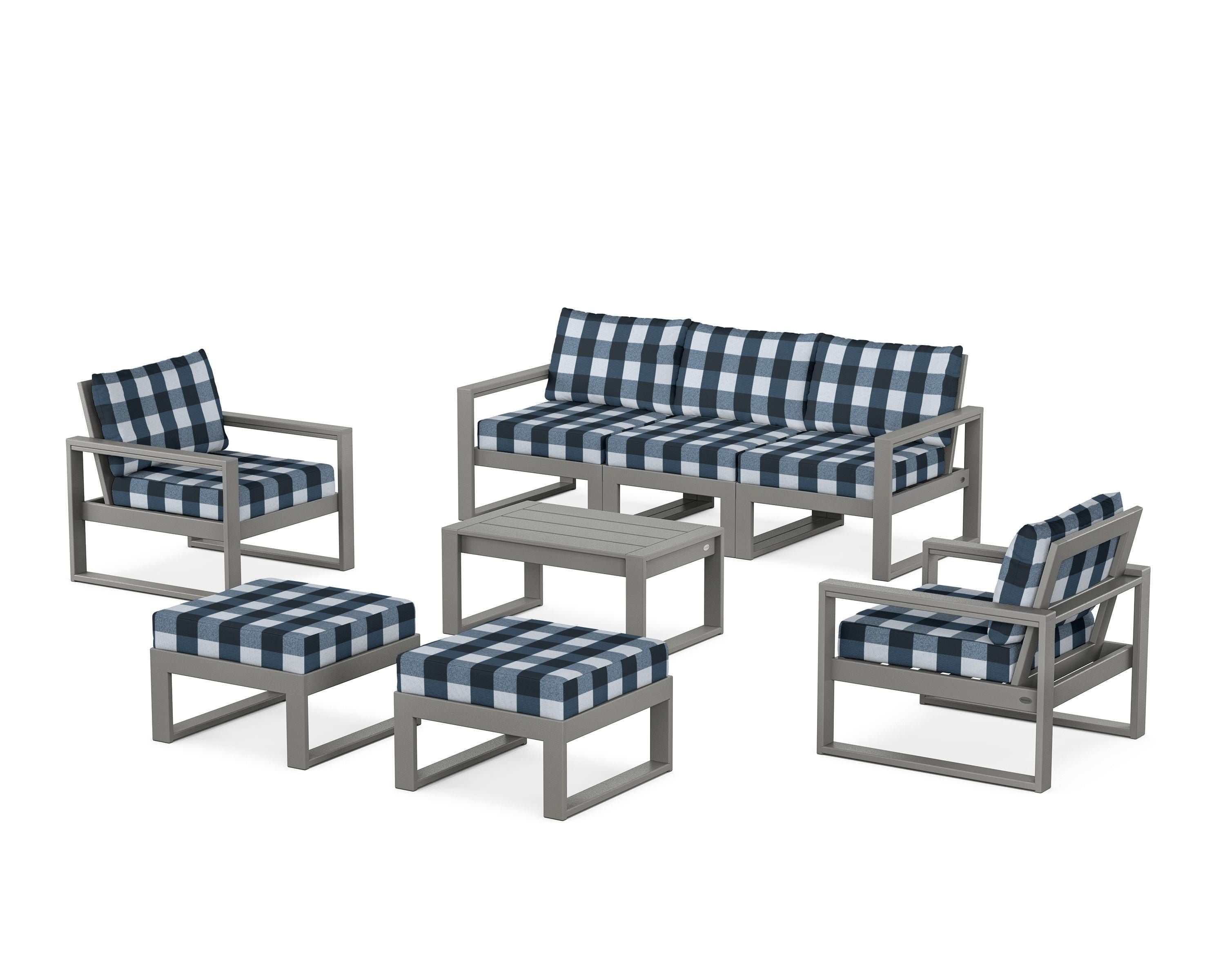 POLYWOOD® EDGE Sectional 8-Piece Lounge Sofa Set in Slate Grey / Buffalo Plaid Marine Indigo