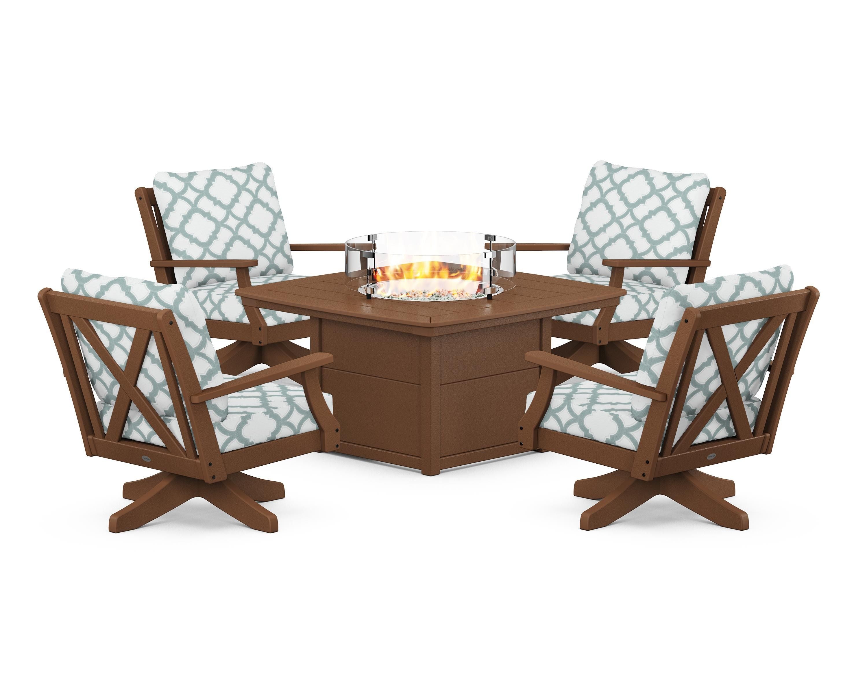 POLYWOOD® Braxton 5-Piece Deep Seating Swivel Conversation Set with Fire Pit Table in Teak / Trellis Glacier Spa