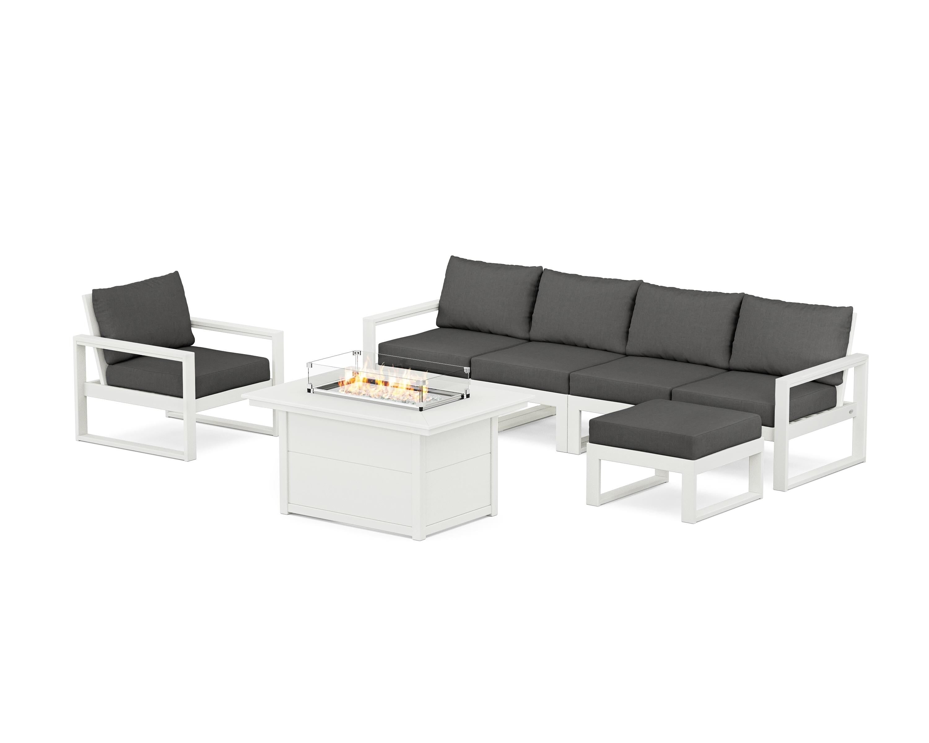POLYWOOD® EDGE Sectional Lounge and Fire Pit Set in Vintage White / Spectrum Carbon