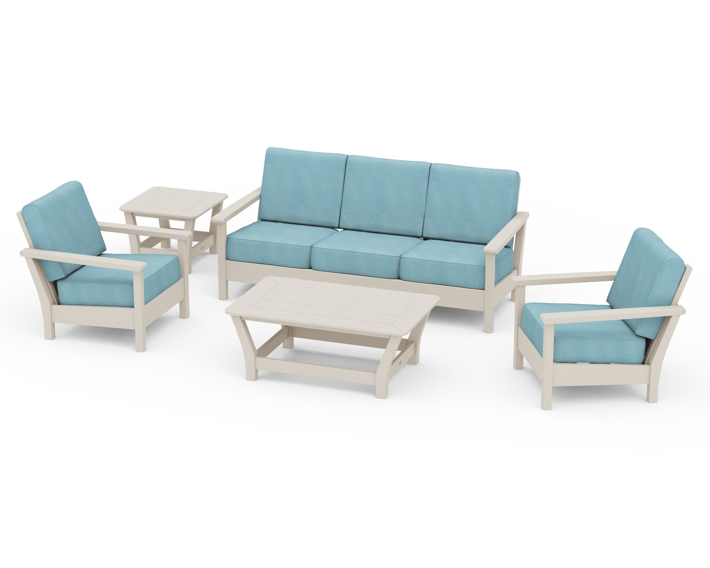 POLYWOOD® Harbour 5-Piece Deep Seating Set in Sand / Lattice Sky Blue