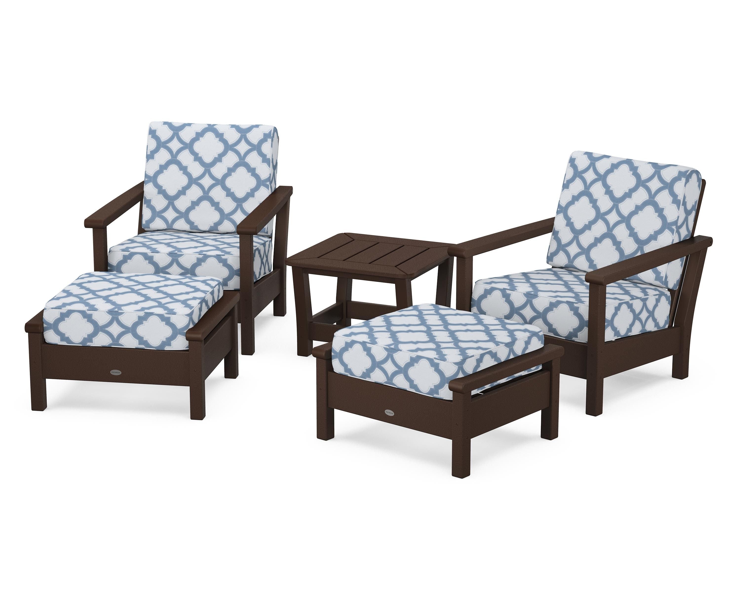 POLYWOOD® Harbour 5-Piece Deep Seating Chair Set in Mahogany / Trellis Sky Blue