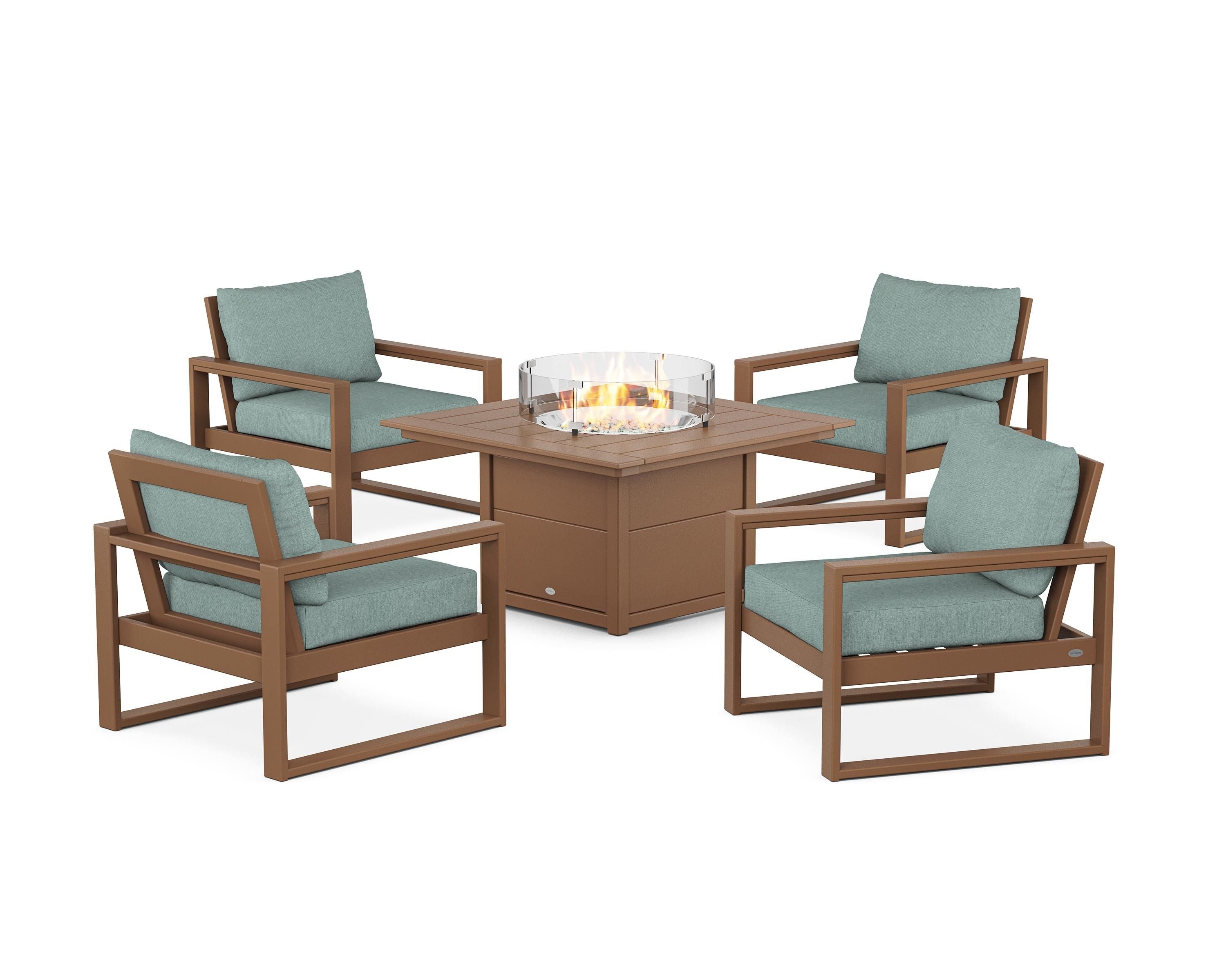 POLYWOOD® EDGE Sectional 5-Piece Deep Seating Set with Fire Pit Table in Teak / Glacier Spa