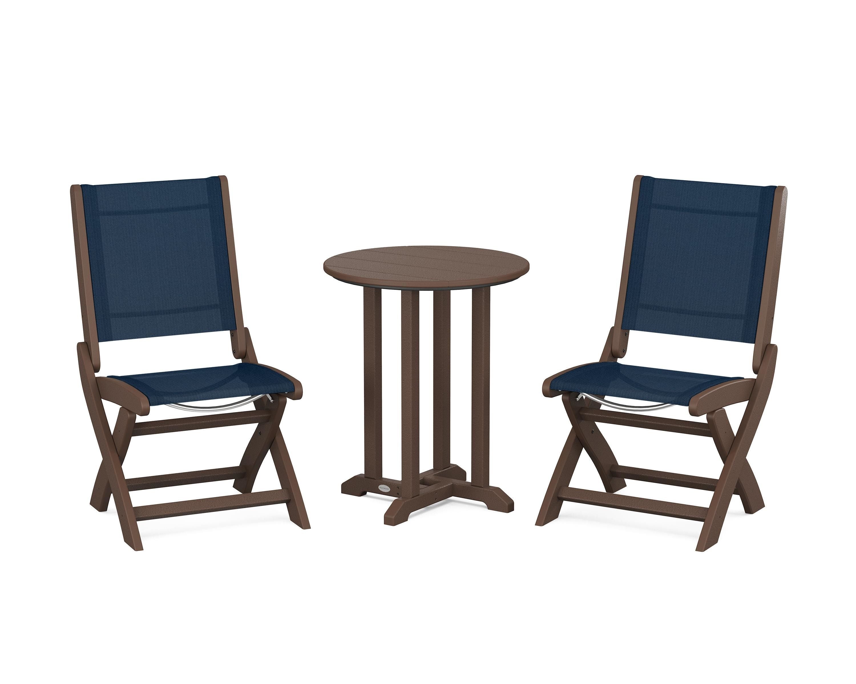 POLYWOOD® Coastal Folding Side Chair 3-Piece Round Bistro Dining Set in Mahogany / Navy Blue Sling