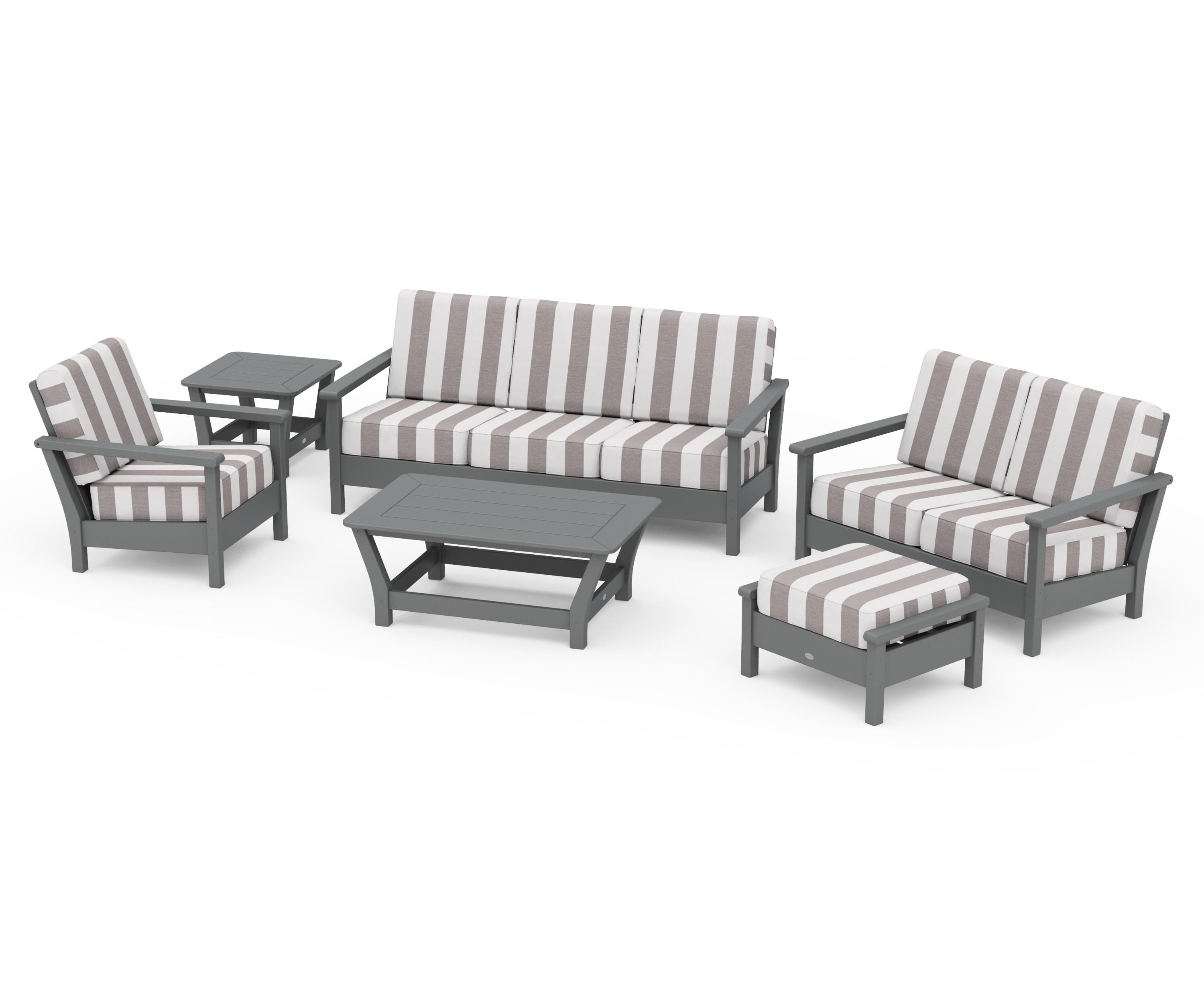 POLYWOOD® Harbour 6-Piece Outdoor Living Set in Slate Grey / Cabana Stripe Grey Mist